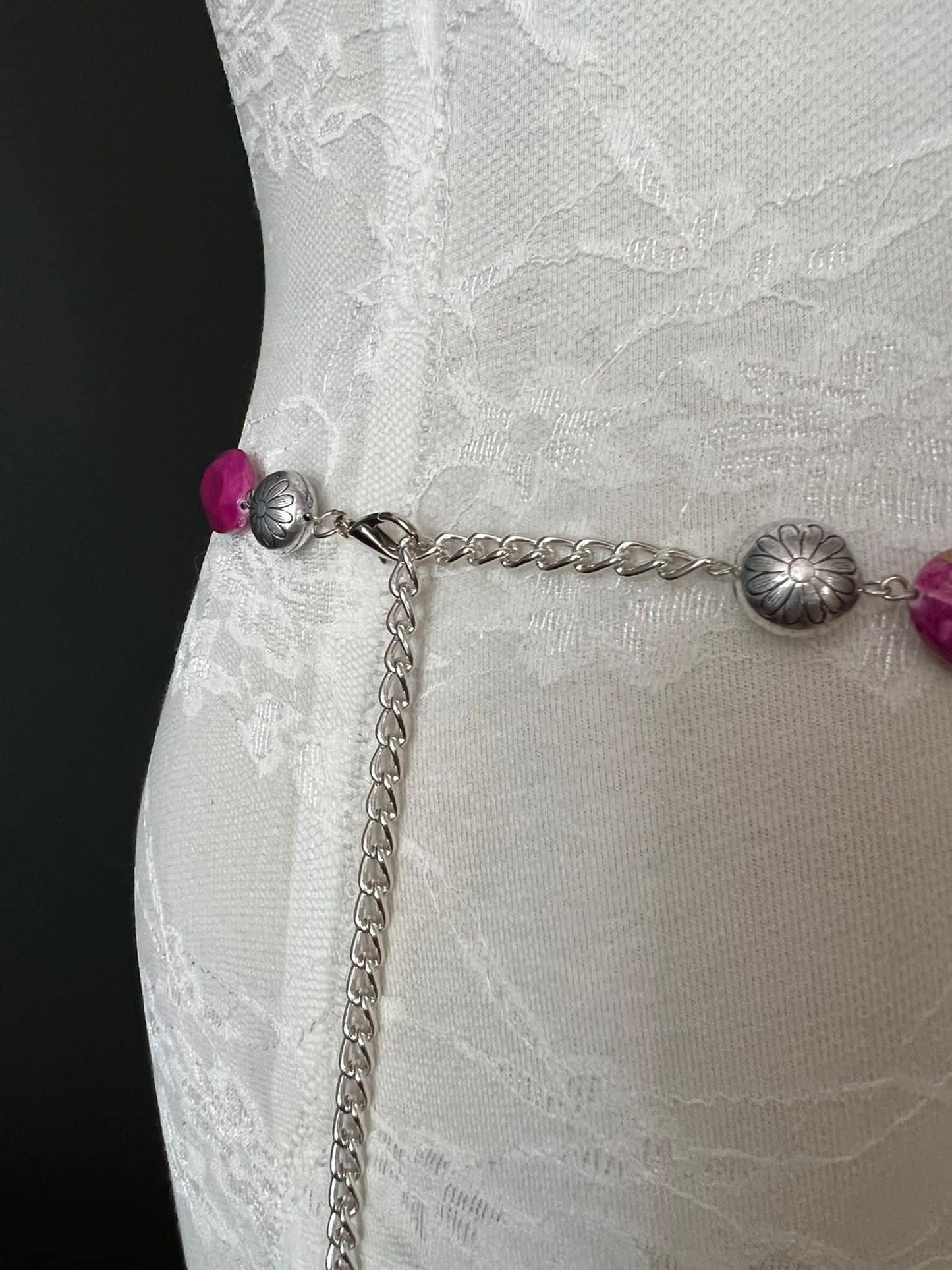X-Long Belt, Beaded Belt, Fashion Belt, Cerise, Silver Beads, Chain Belts, Teen Size, 18”-60”, Seimwear, Elegant, Gift, Dress Belt