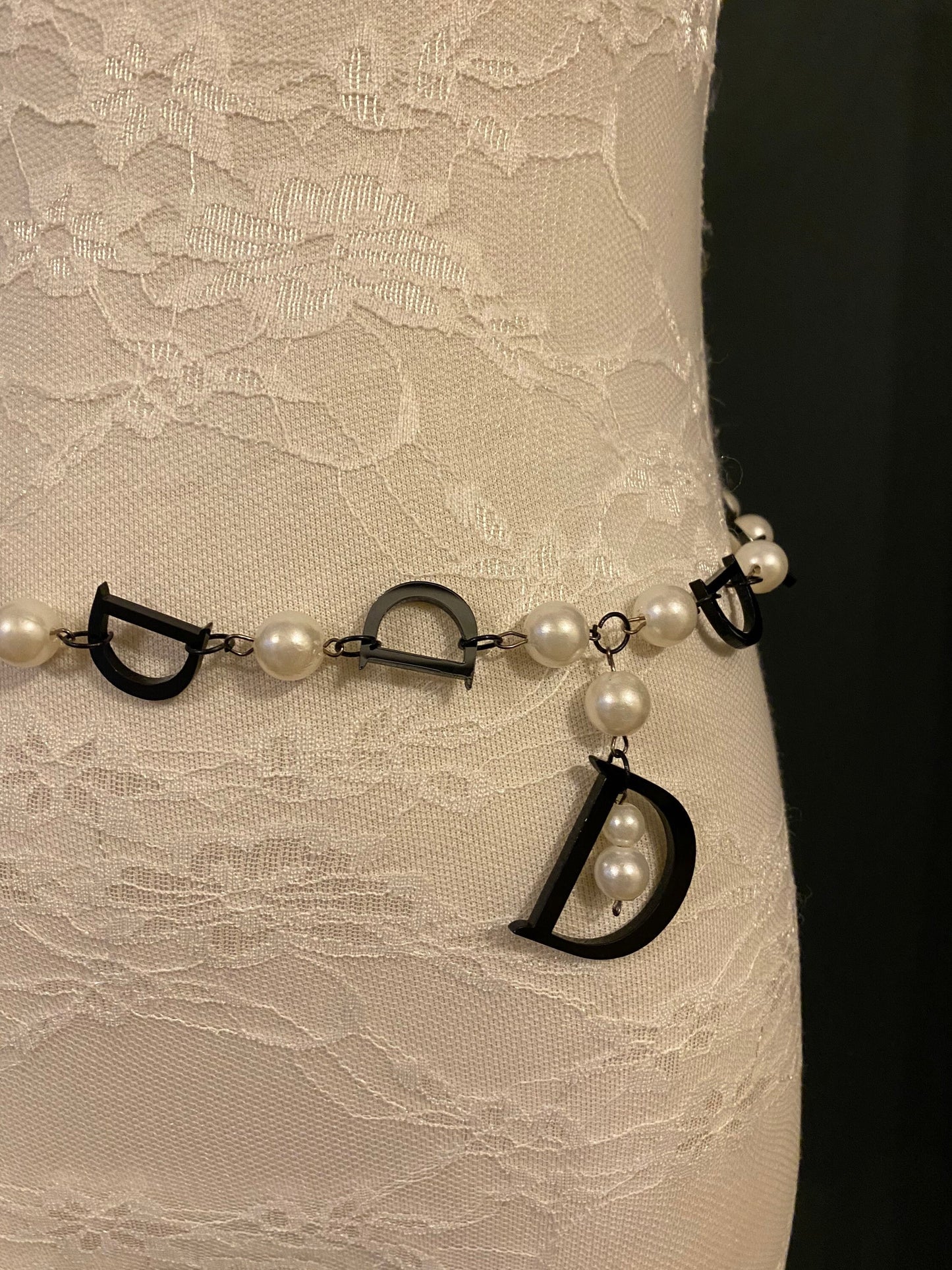 X-long Belt, D Belt, Pearls, Black, Cream Pearl Belt, UK 2-32