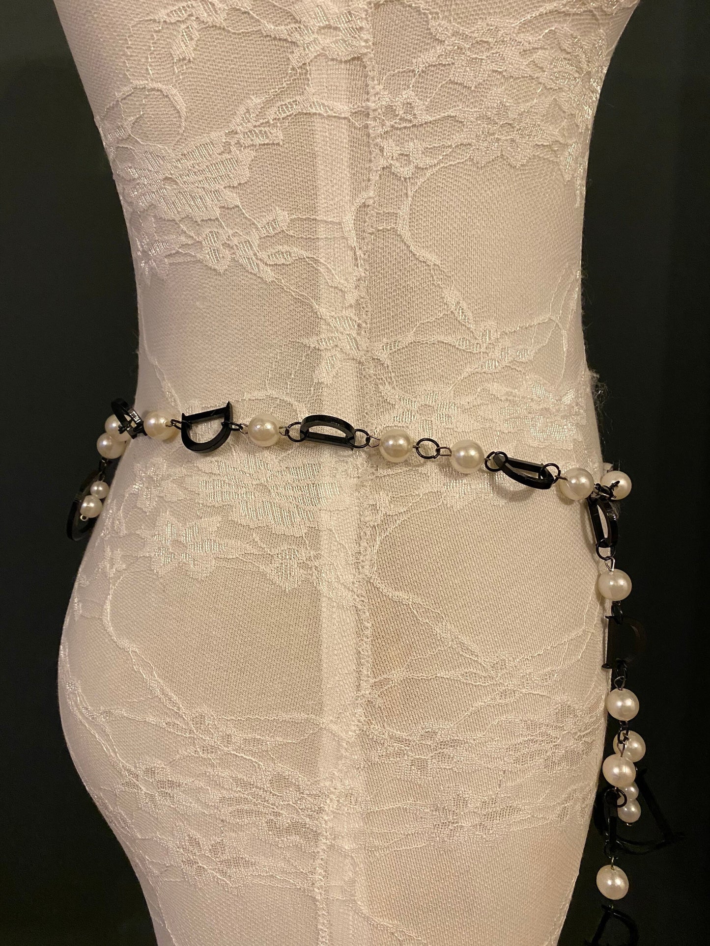 X-long Belt, D Belt, Pearls, Black, Cream Pearl Belt, UK 2-32