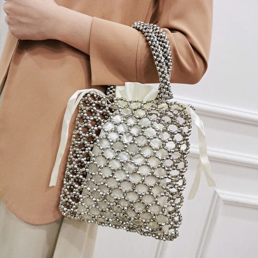 Handbag, Hand Beaded Bag, Silver Beads, Fan Accessory Collection, Gold, Silver