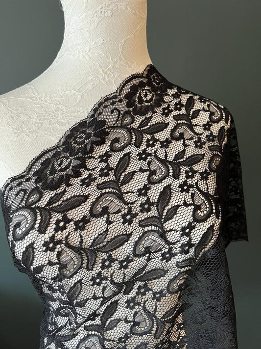 Floral Stretch Lace Trim, Black Scalloped Edge, 12.5" Wide