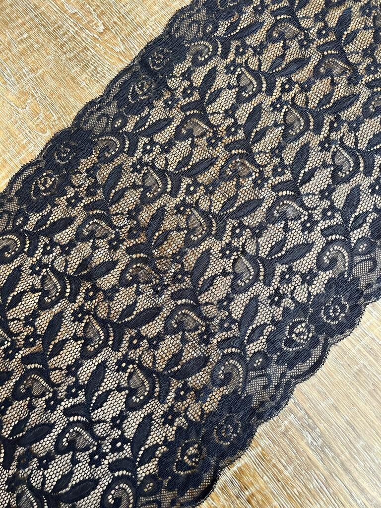 Floral Stretch Lace Trim, Black Scalloped Edge, 12.5" Wide