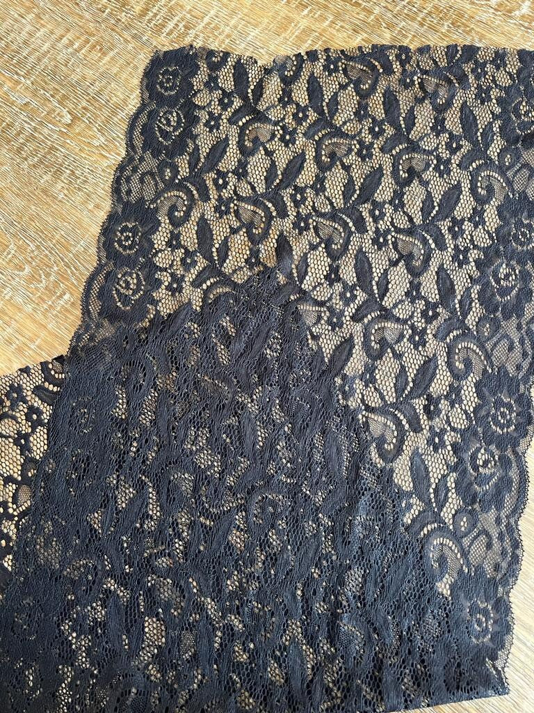 Floral Stretch Lace Trim, Black Scalloped Edge, 12.5" Wide