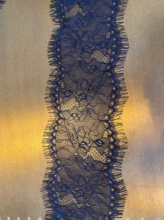 Black Eyelash Lace Trim, 5" Wide, Scalloped Edge, Bridal Lingerie Lace
