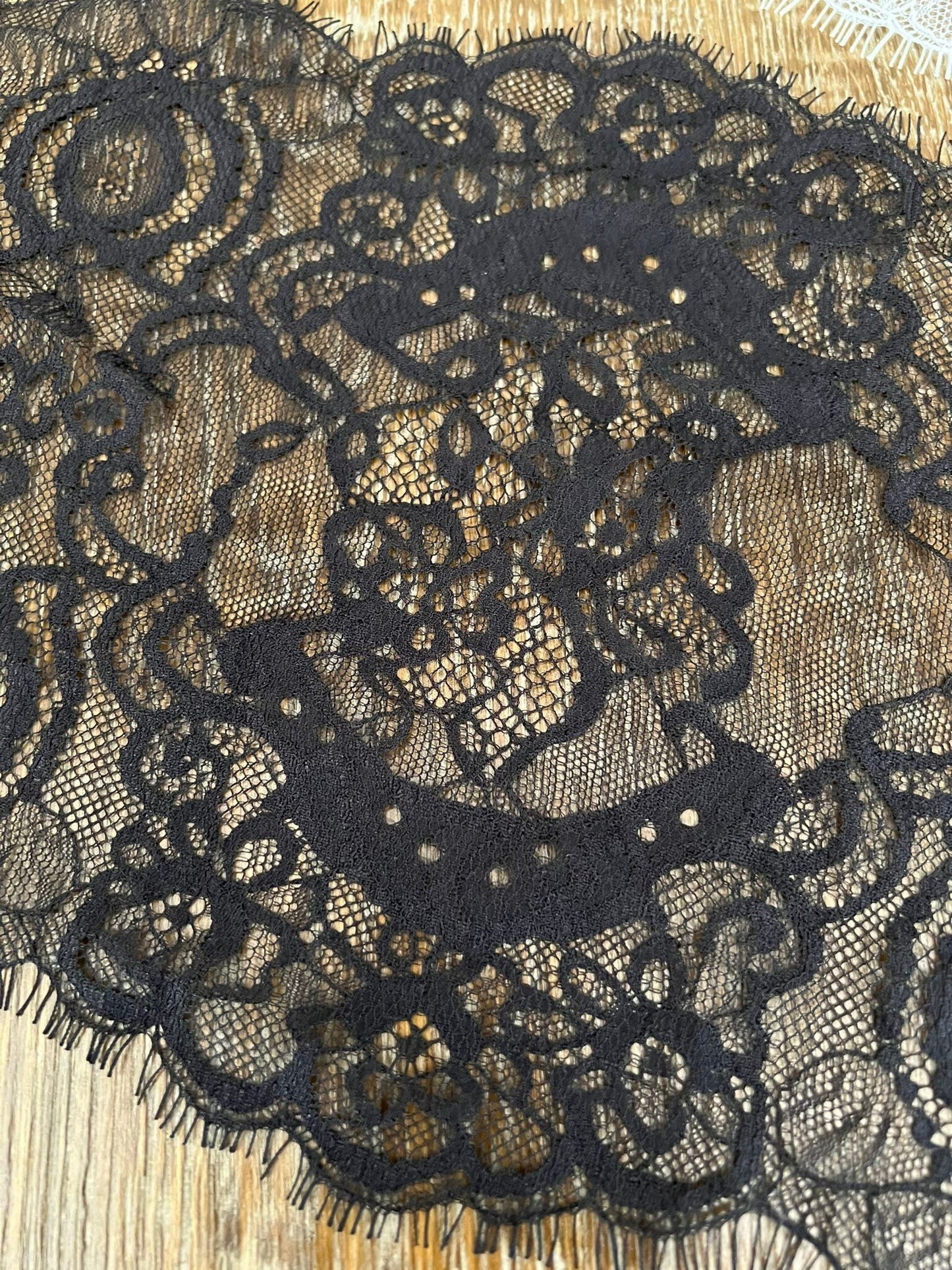 Black Eyelash Lace Trim, 5" Wide, Scalloped Edge, Bridal Lingerie Lace