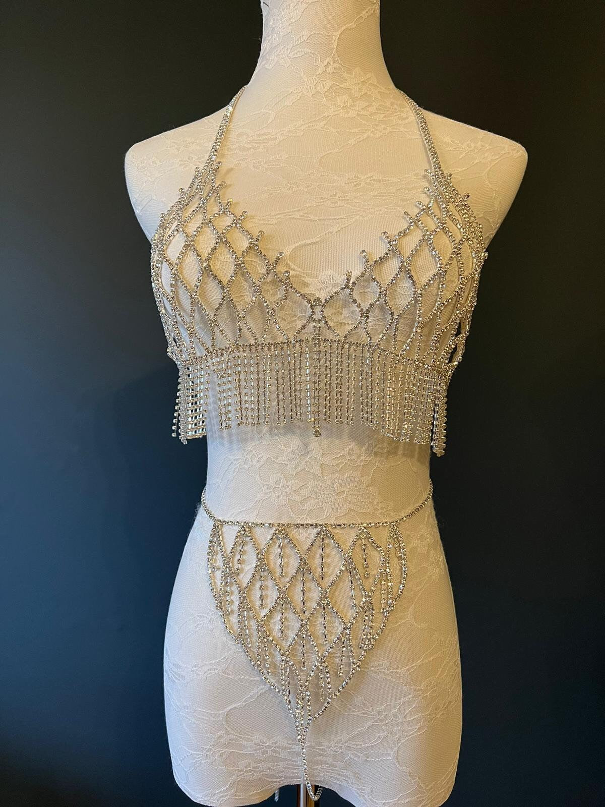 Rhinestone Costume, Silver Diamanté Two Piece Set, Show Stopper