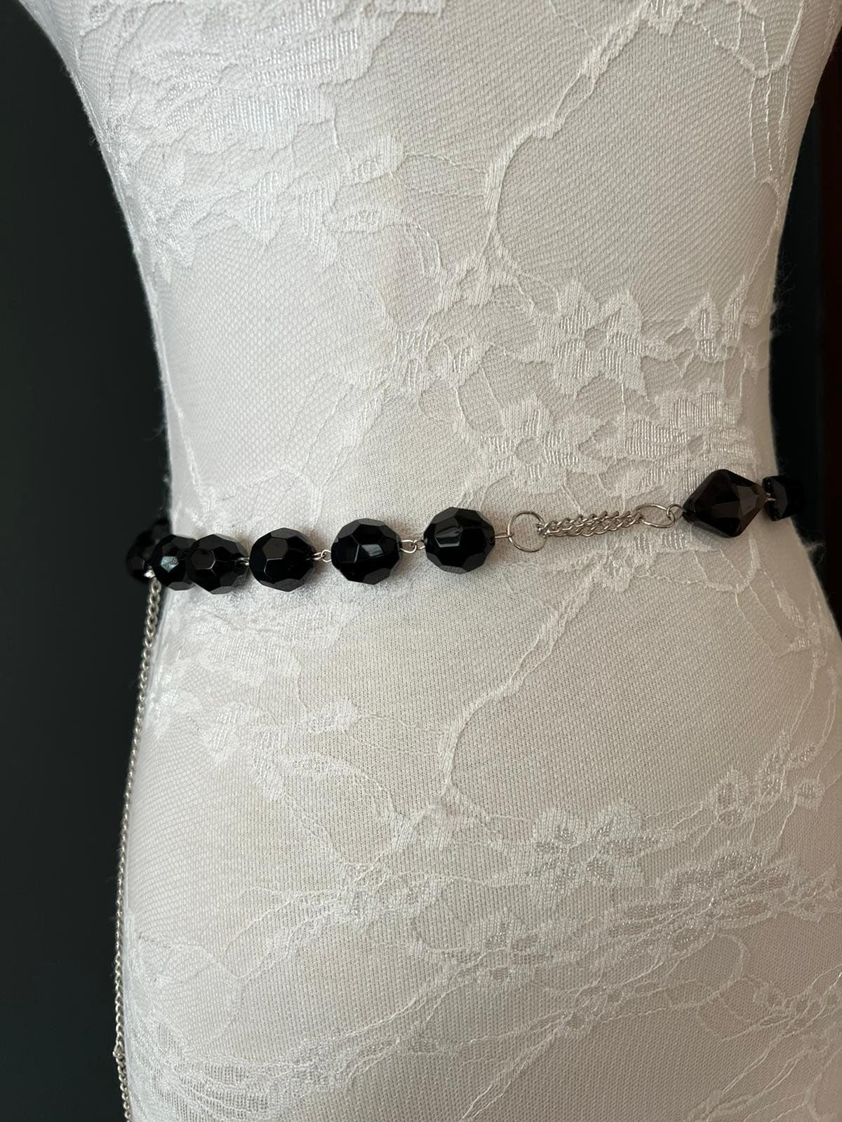 X-Long Chain Belt, Belt, Beaded Belt, Black, Silver Belt, Fashionable Belt