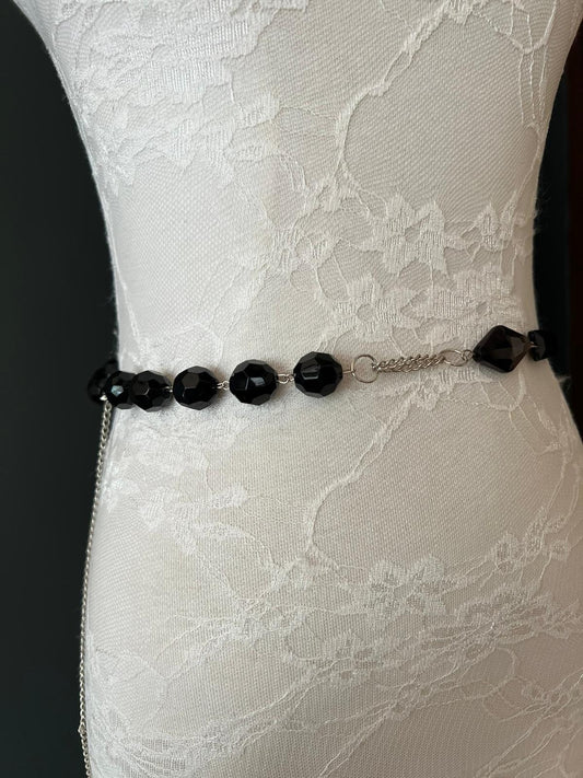 X-Long Chain Belt, Belt, Beaded Belt, Black, Silver Belt, Fashionable Belt