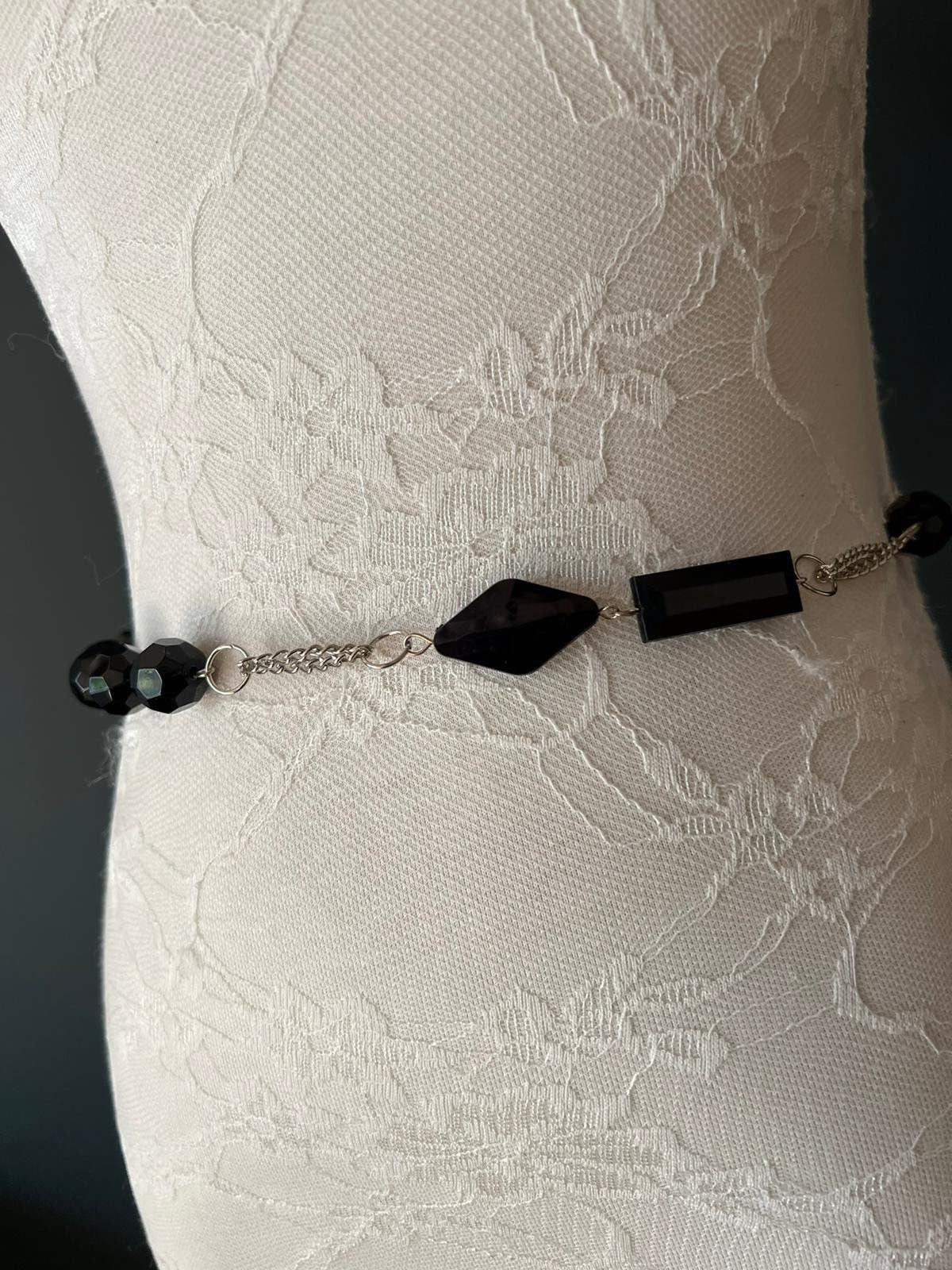 X-Long Chain Belt, Belt, Beaded Belt, Black, Silver Belt, Fashionable Belt