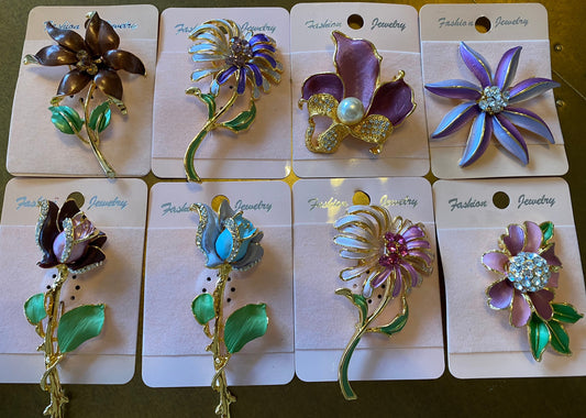 3D Rhinestone Flower Brooch, Hand-Painted Gold Tone