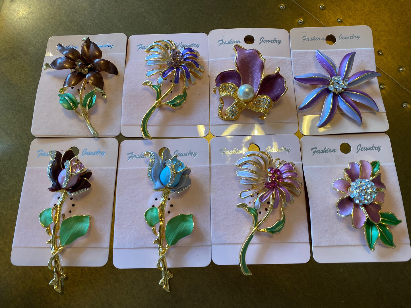 3D Rhinestone Flower Brooch, Hand-Painted Gold Tone