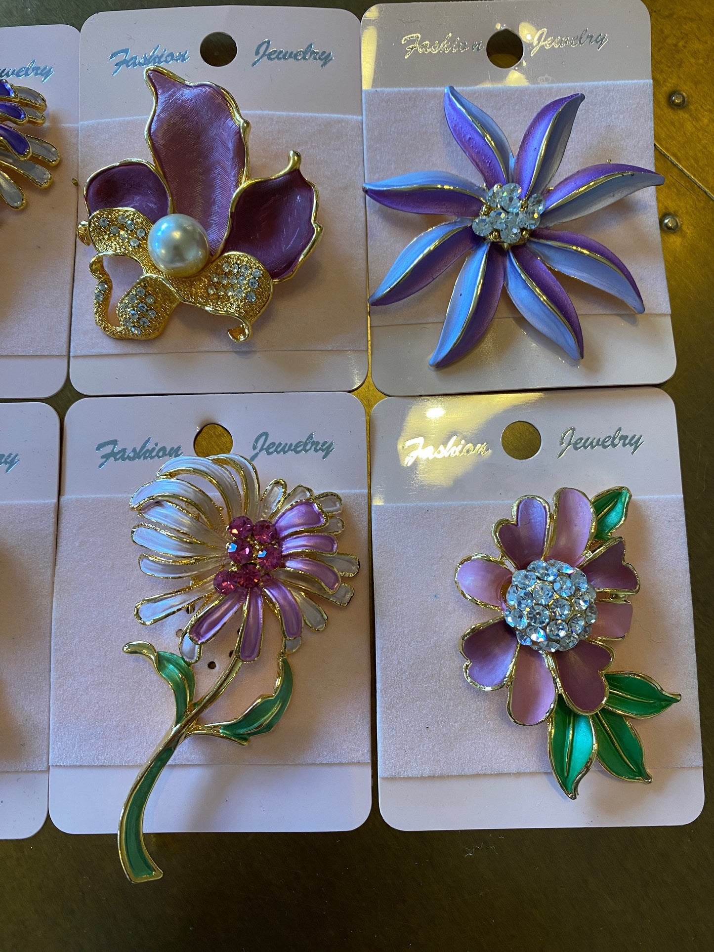 3D Rhinestone Flower Brooch, Hand-Painted Gold Tone