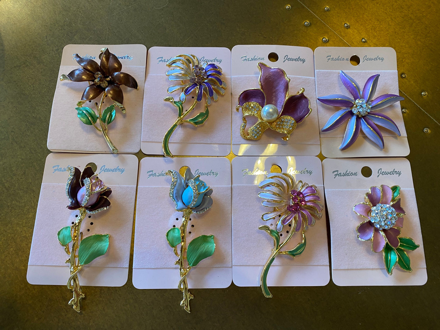 3D Rhinestone Flower Brooch, Hand-Painted Gold Tone