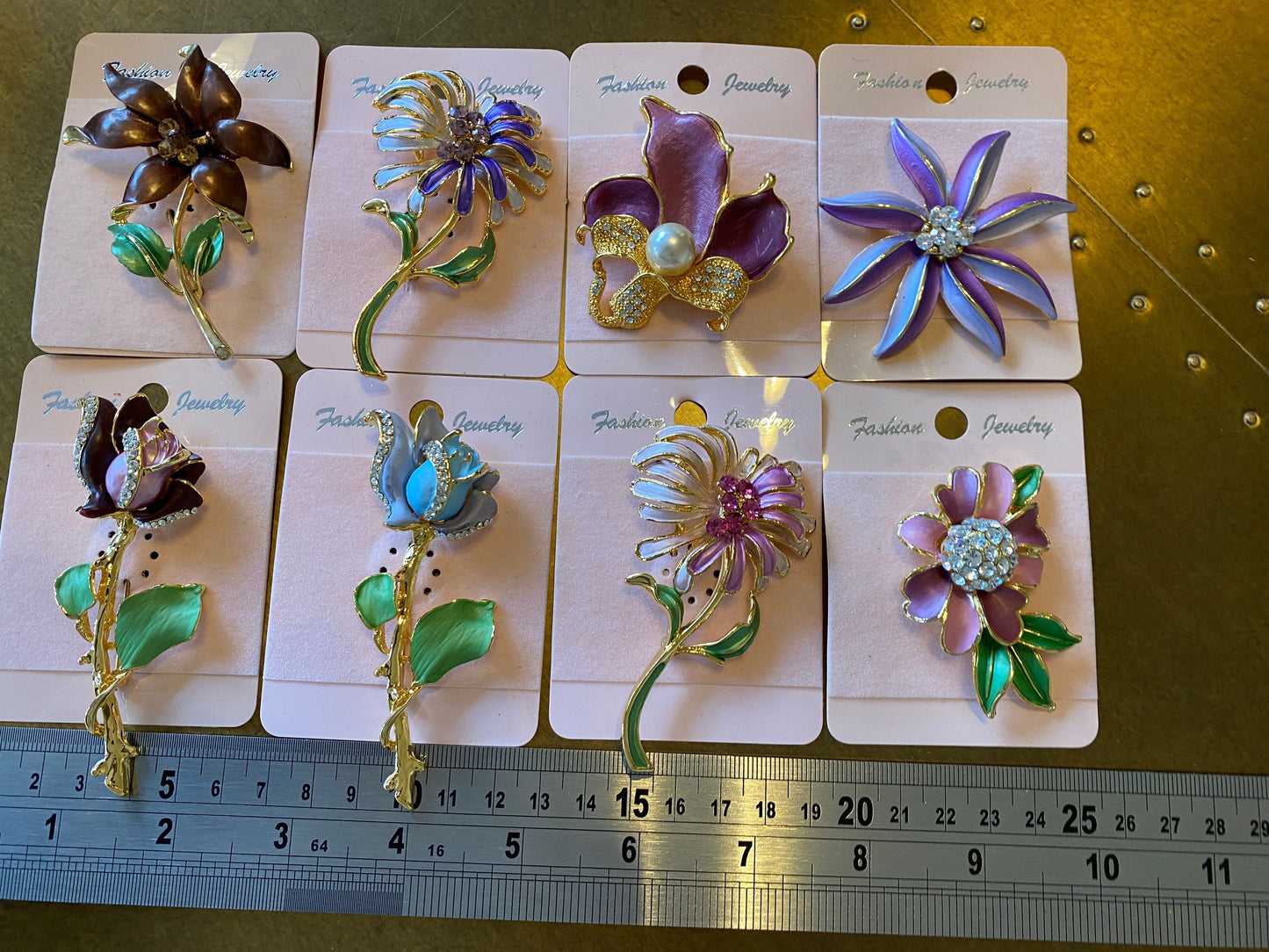 3D Rhinestone Flower Brooch, Hand-Painted Gold Tone