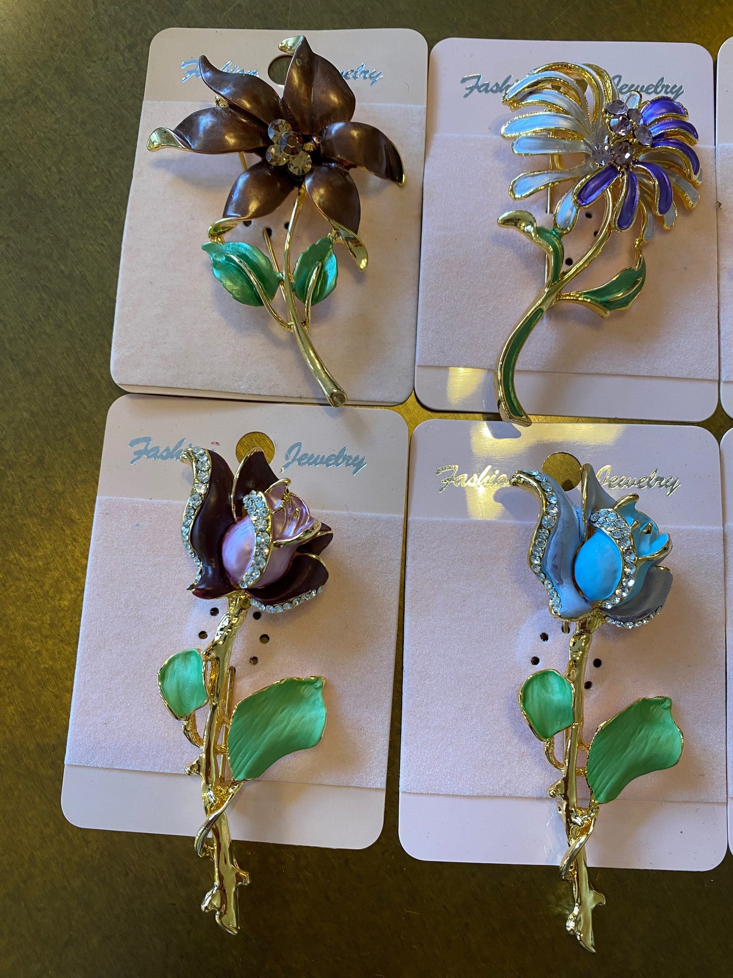 3D Rhinestone Flower Brooch, Hand-Painted Gold Tone