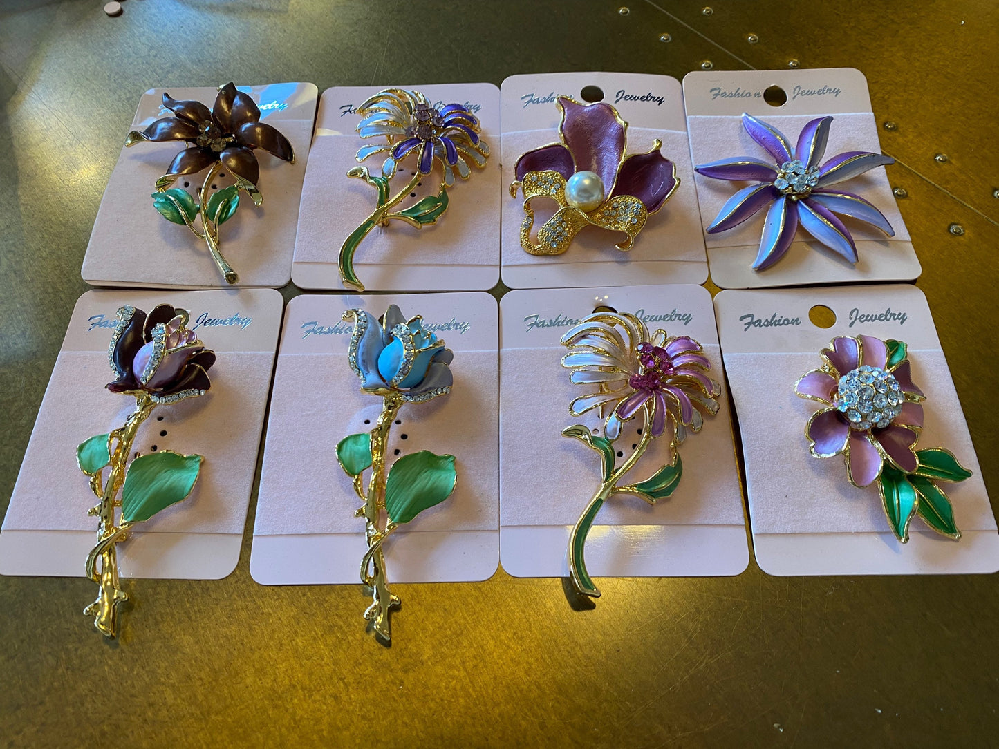 3D Rhinestone Flower Brooch, Hand-Painted Gold Tone