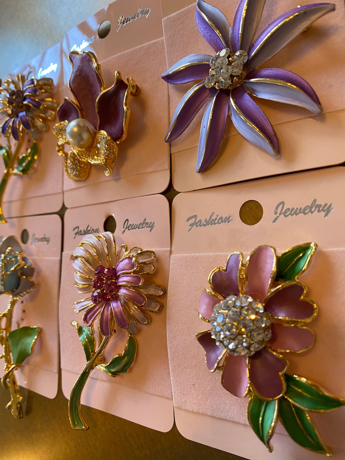 3D Rhinestone Flower Brooch, Hand-Painted Gold Tone