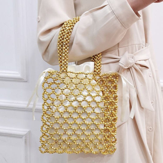 Handbag, Hand Beaded Bag, Silver Beads, Fan Accessory Collection, Gold, Silver