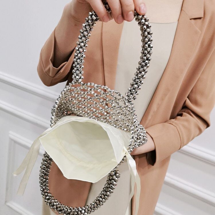 Handbag, Hand Beaded Bag, Gold Beads, Fan Accessory Collection, Gold, Silver