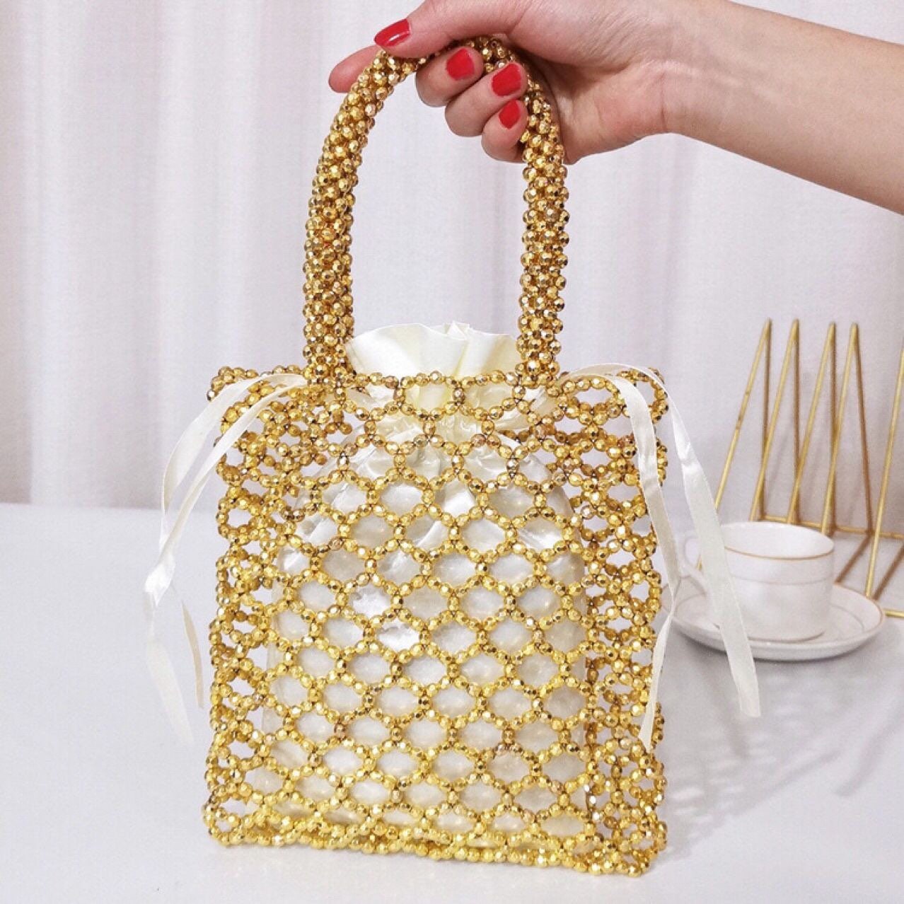 Handbag, Hand Beaded Bag, Gold Beads, Fan Accessory Collection, Gold, Silver