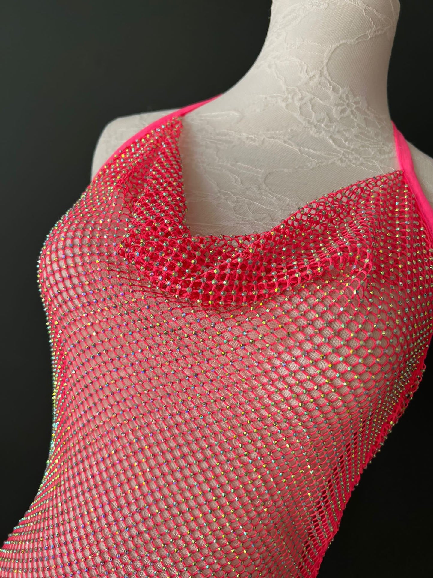 Neon Pink Rhinestone Fishnet Dress, Diamanté Mesh
