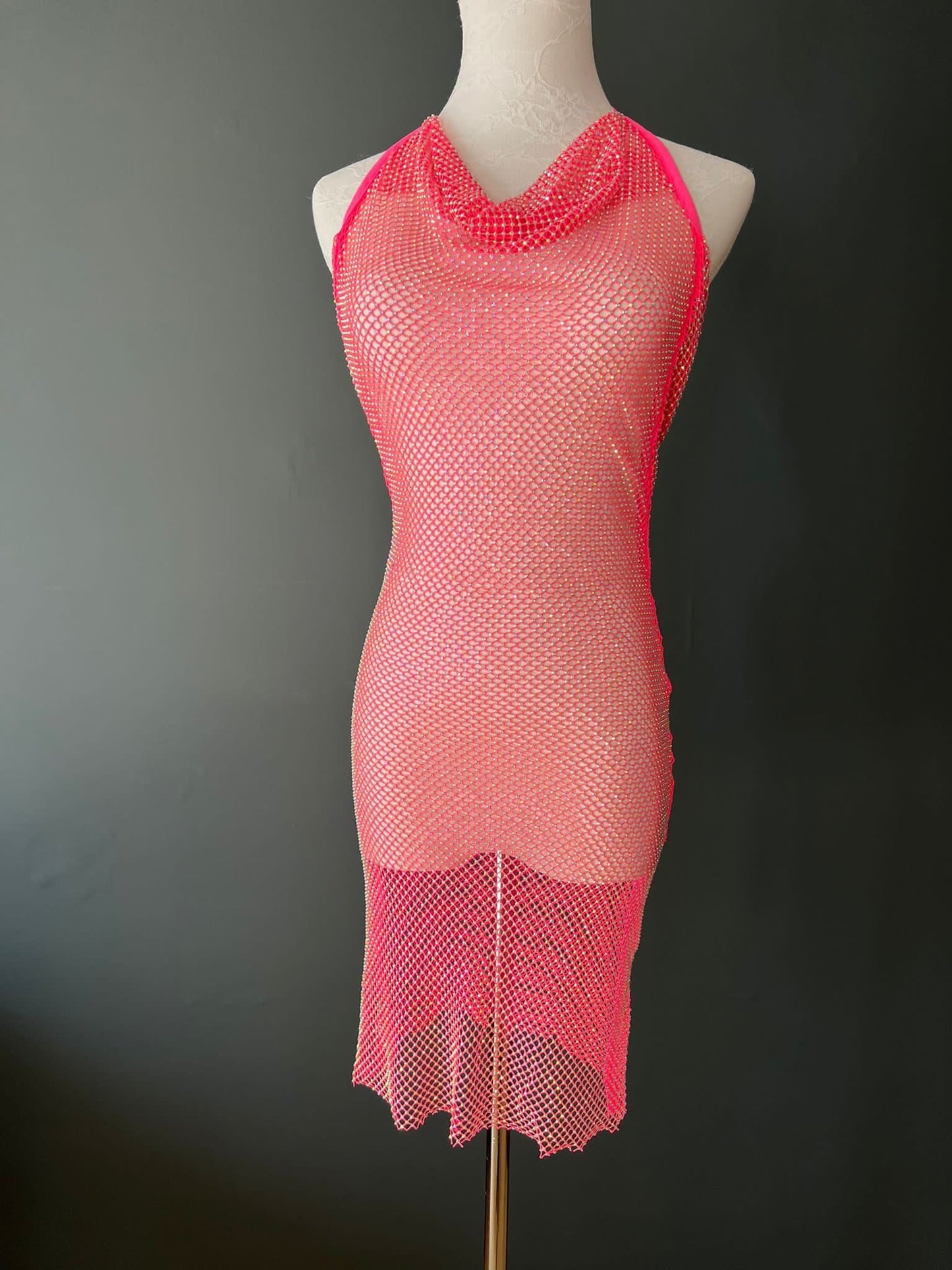Neon Pink Rhinestone Fishnet Dress, Diamanté Mesh