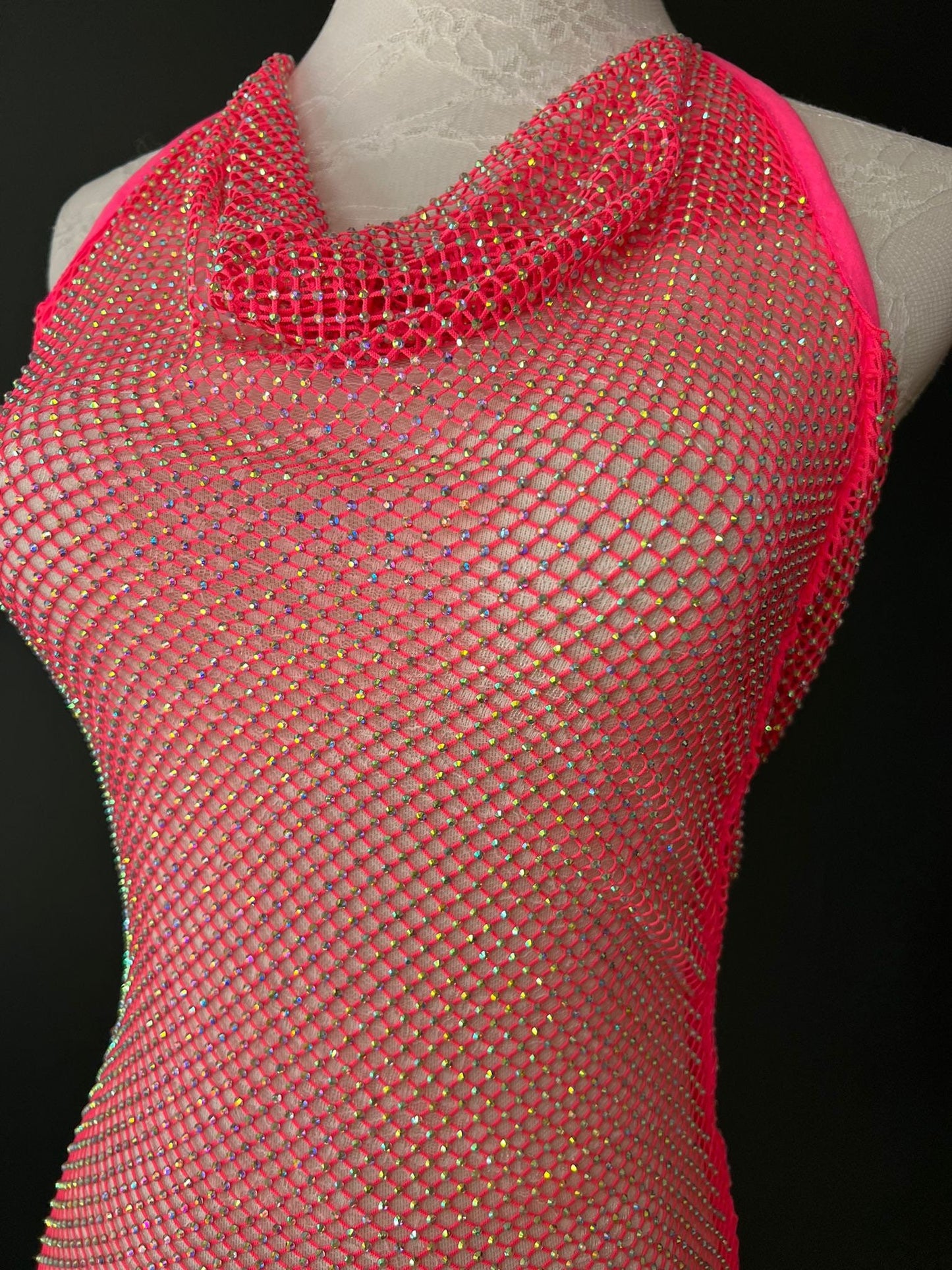 Neon Pink Rhinestone Fishnet Dress, Diamanté Mesh