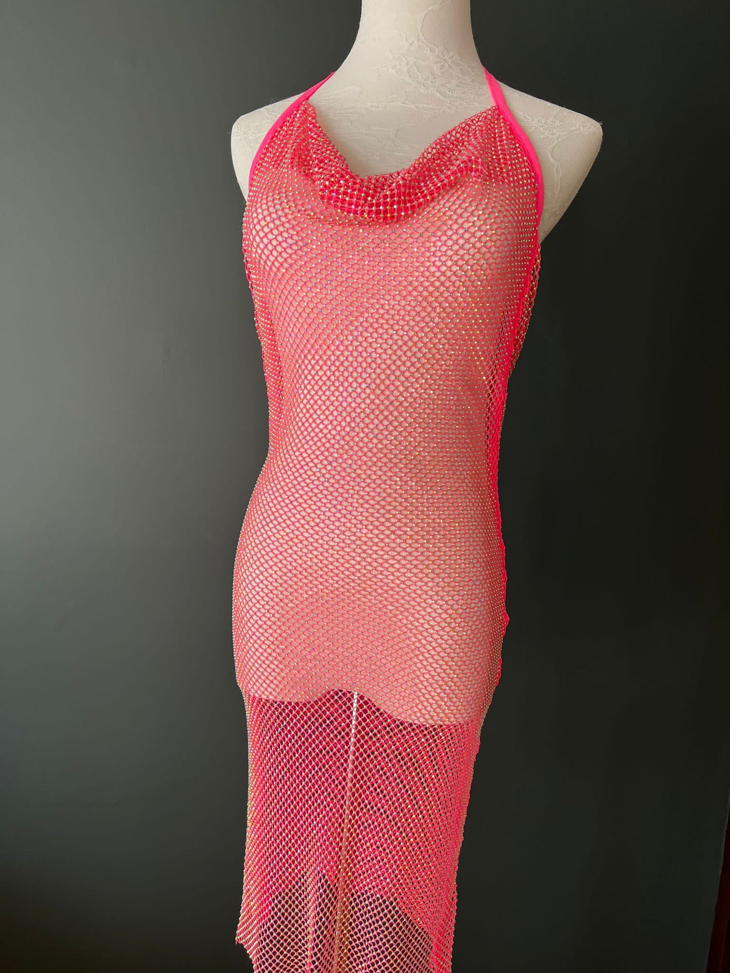Neon Pink Rhinestone Fishnet Dress, Diamanté Mesh