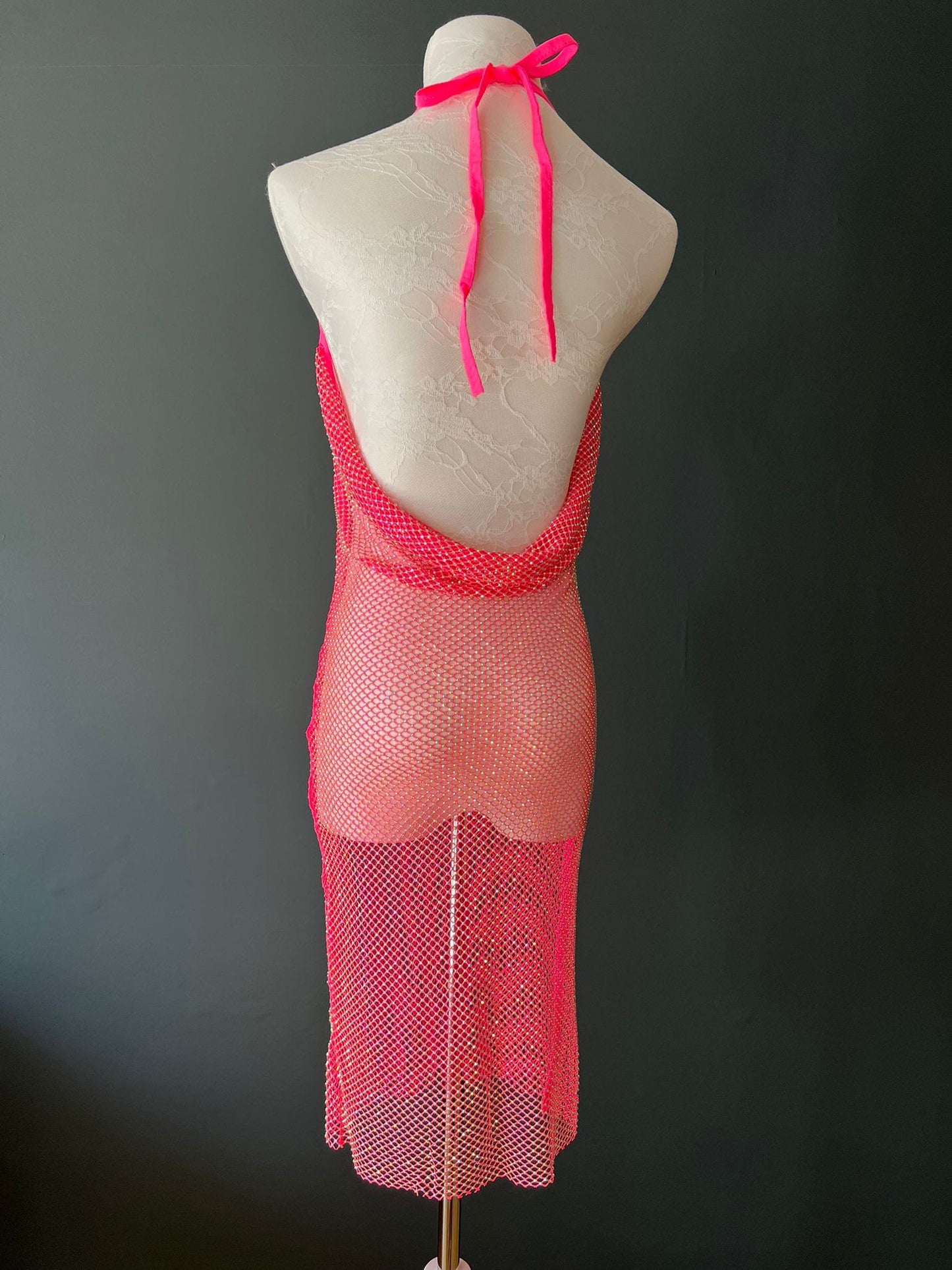 Neon Pink Rhinestone Fishnet Dress, Diamanté Mesh