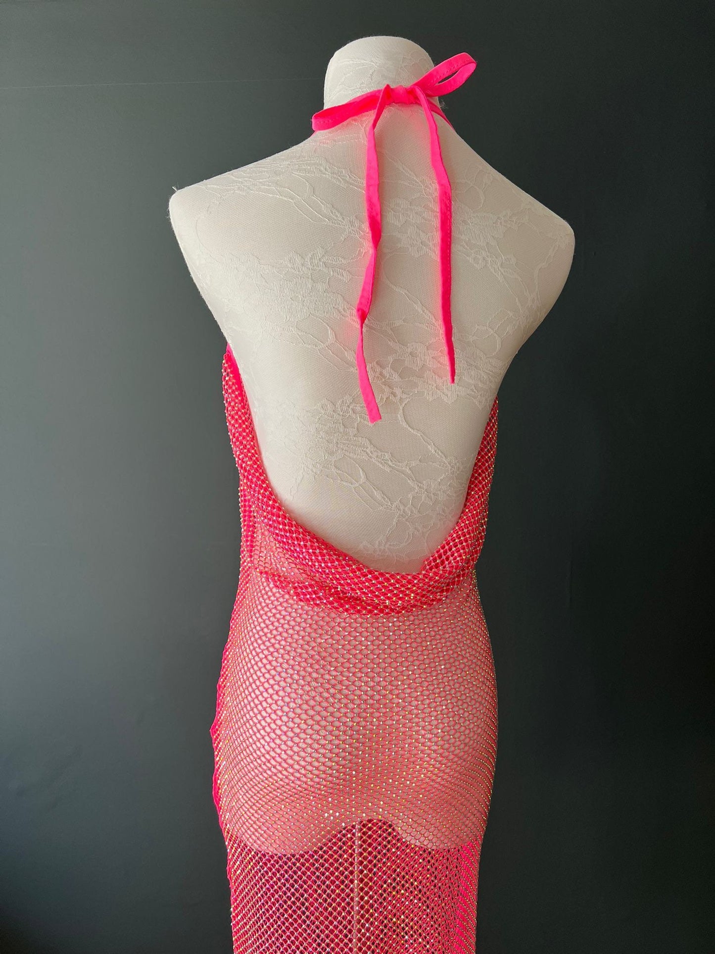 Neon Pink Rhinestone Fishnet Dress, Diamanté Mesh