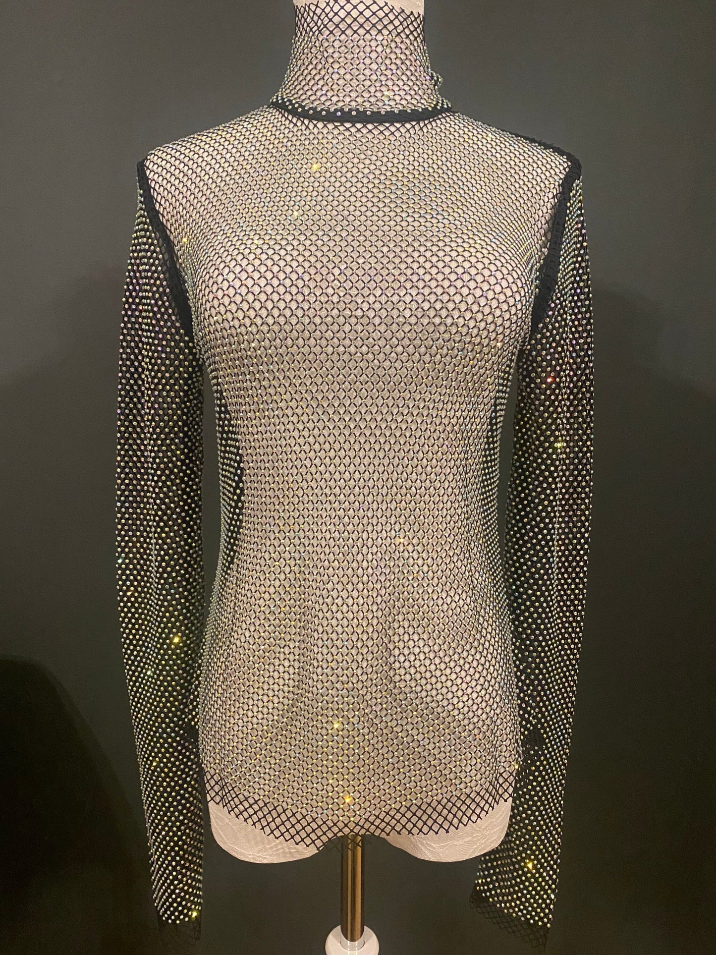Rhinestone Fishnet Long Sleeve Top, Diamanté Mesh