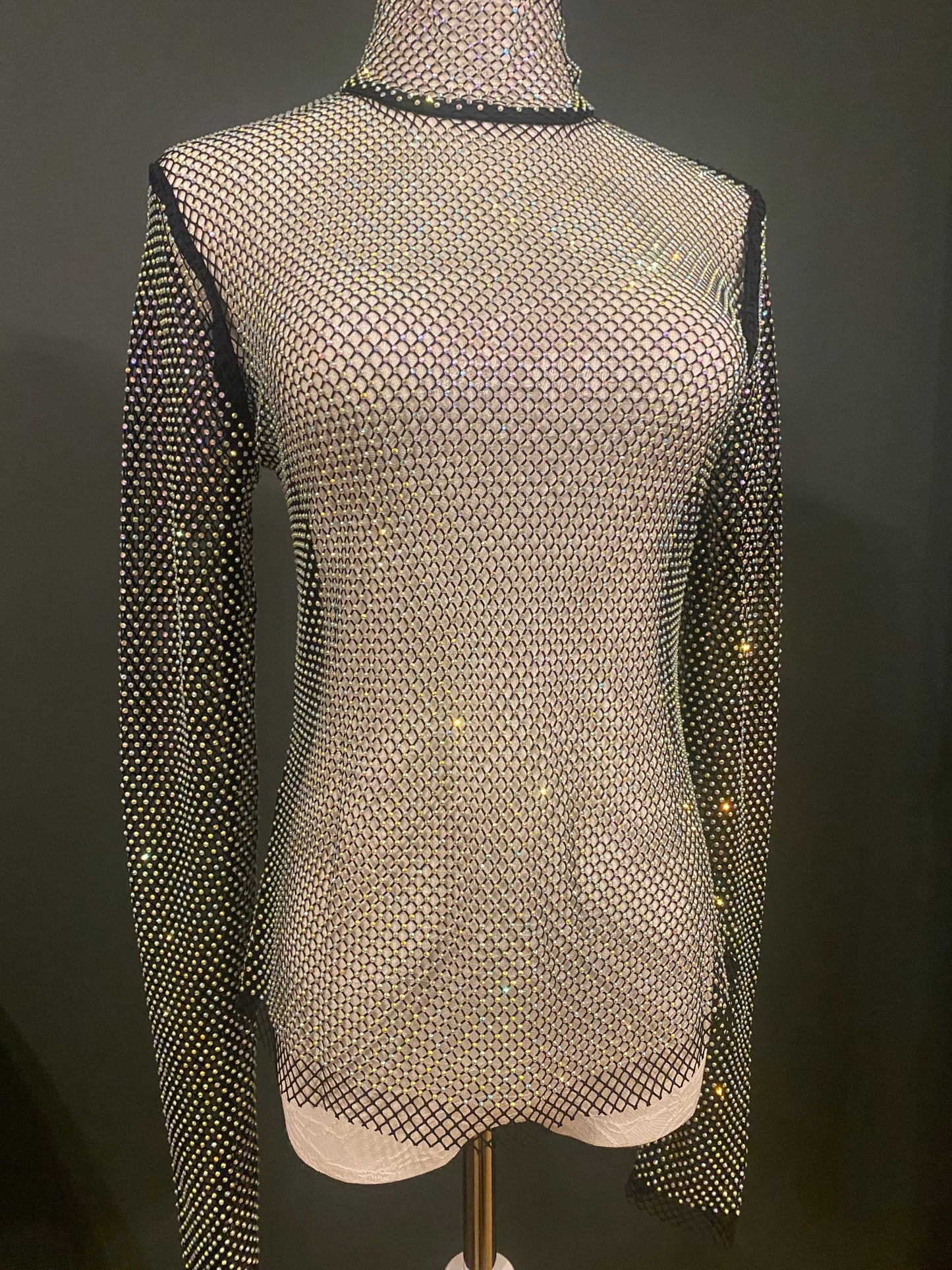Rhinestone Fishnet Long Sleeve Top, Diamanté Mesh