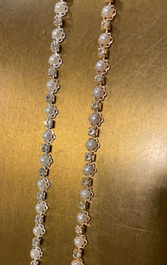Pearl & Rhinestone Beaded Silver Gold Chain Trim Wedding Dress Belt Bridal Applique