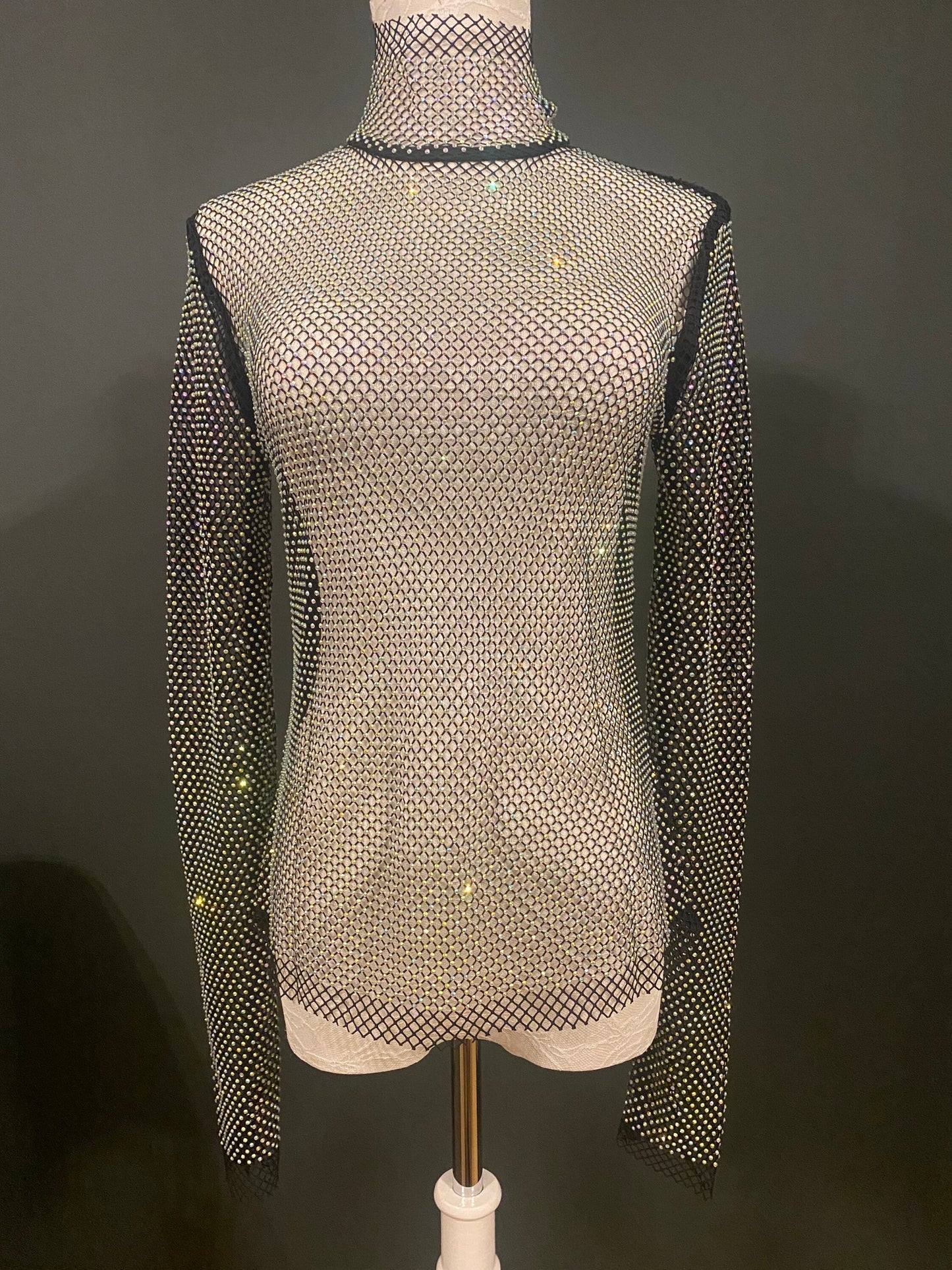 Rhinestone Fishnet Long Sleeve Top, Diamanté Mesh