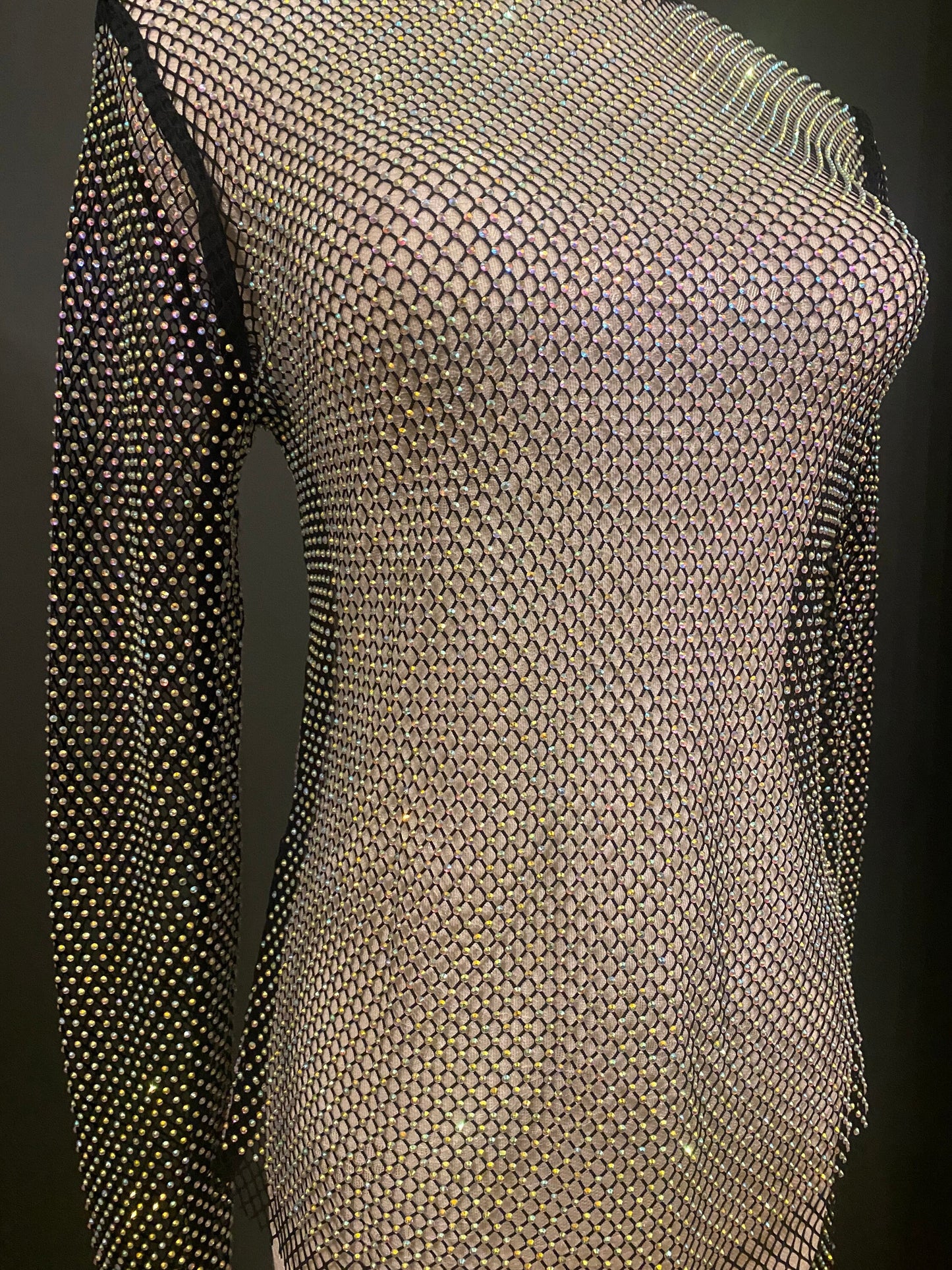 Rhinestone Fishnet Long Sleeve Top, Diamanté Mesh