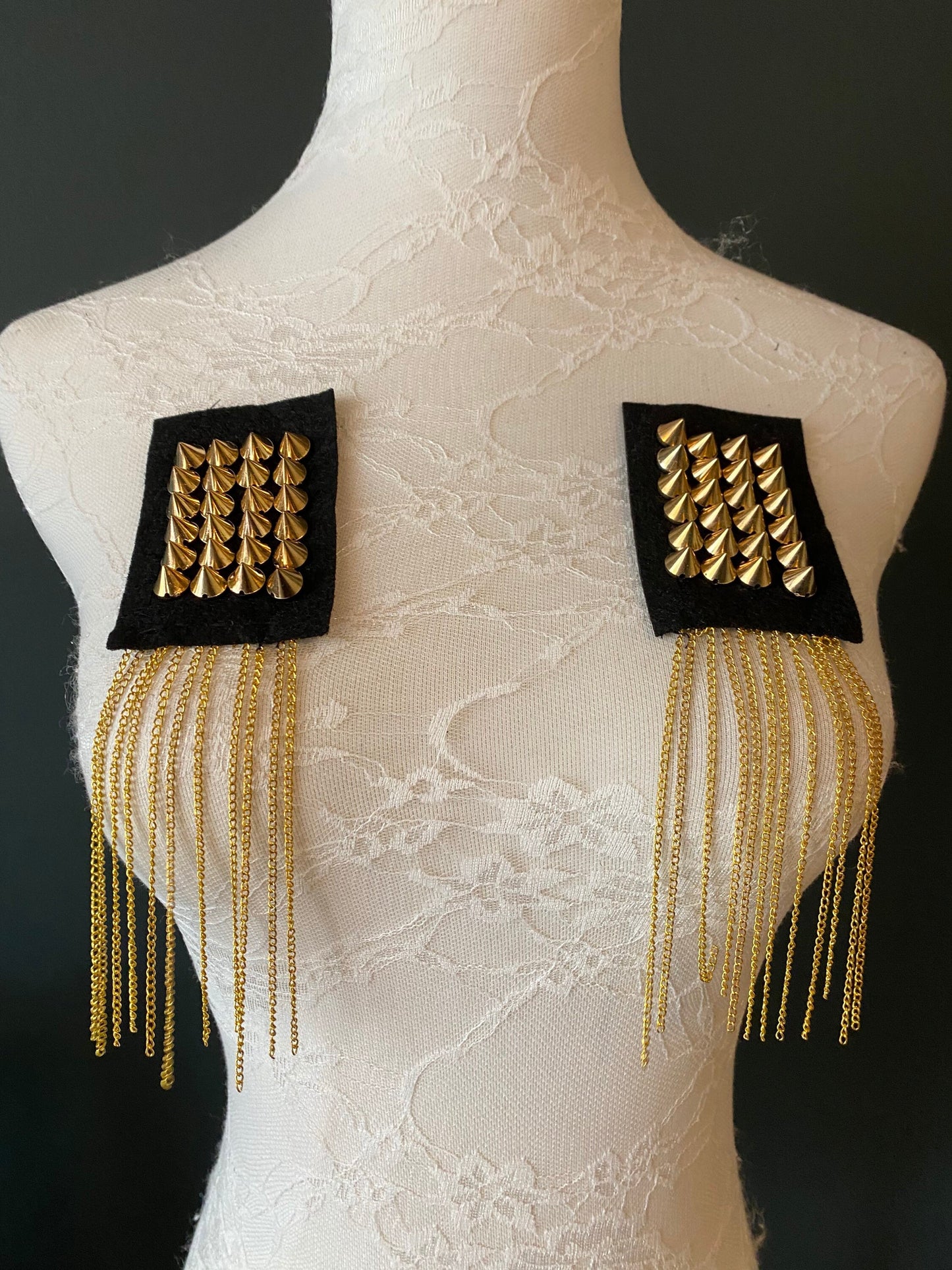 Gold Studded Shoulder Trim with Chain, Sew On Applique