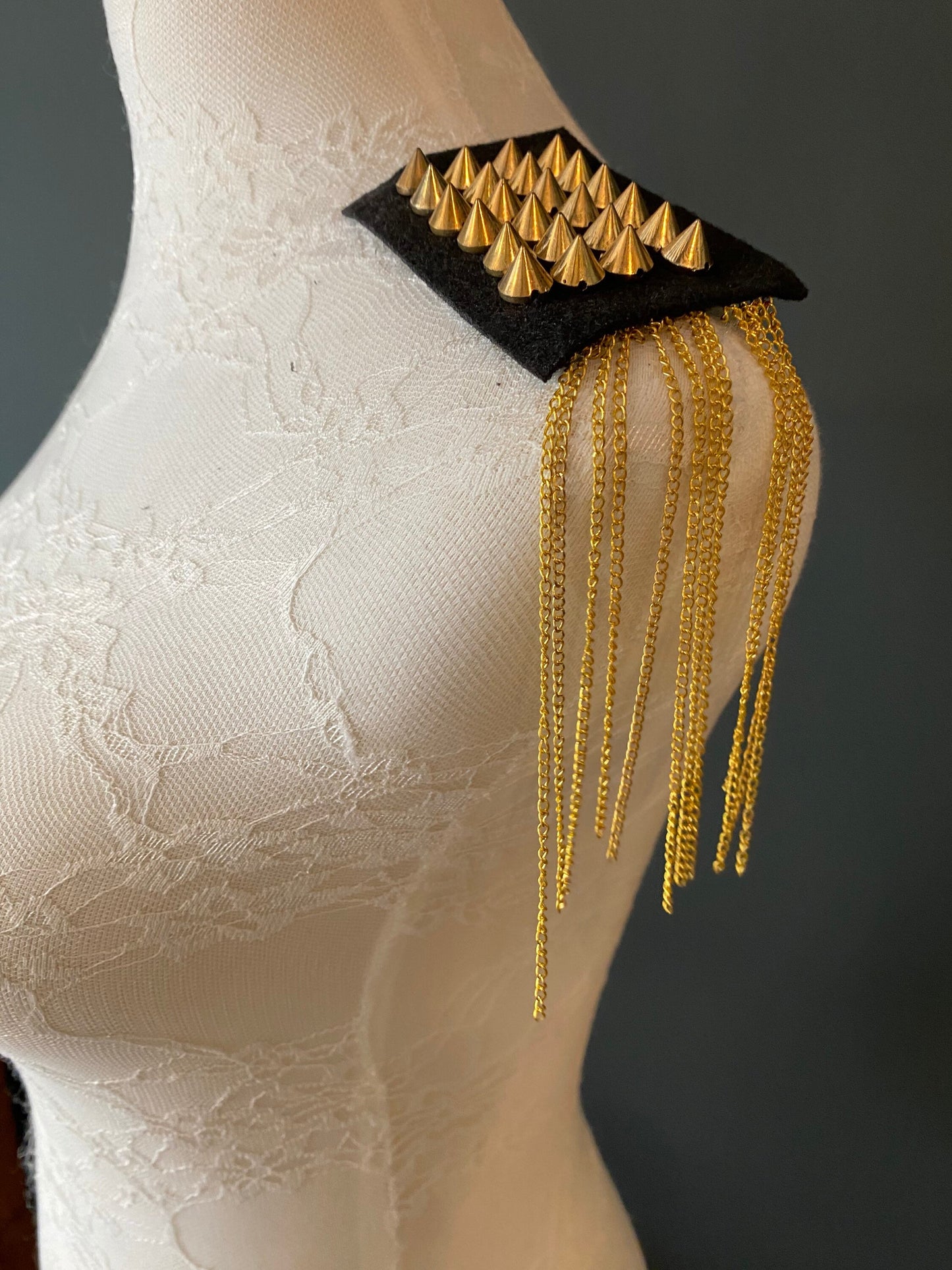 Gold Studded Shoulder Trim with Chain, Sew On Applique