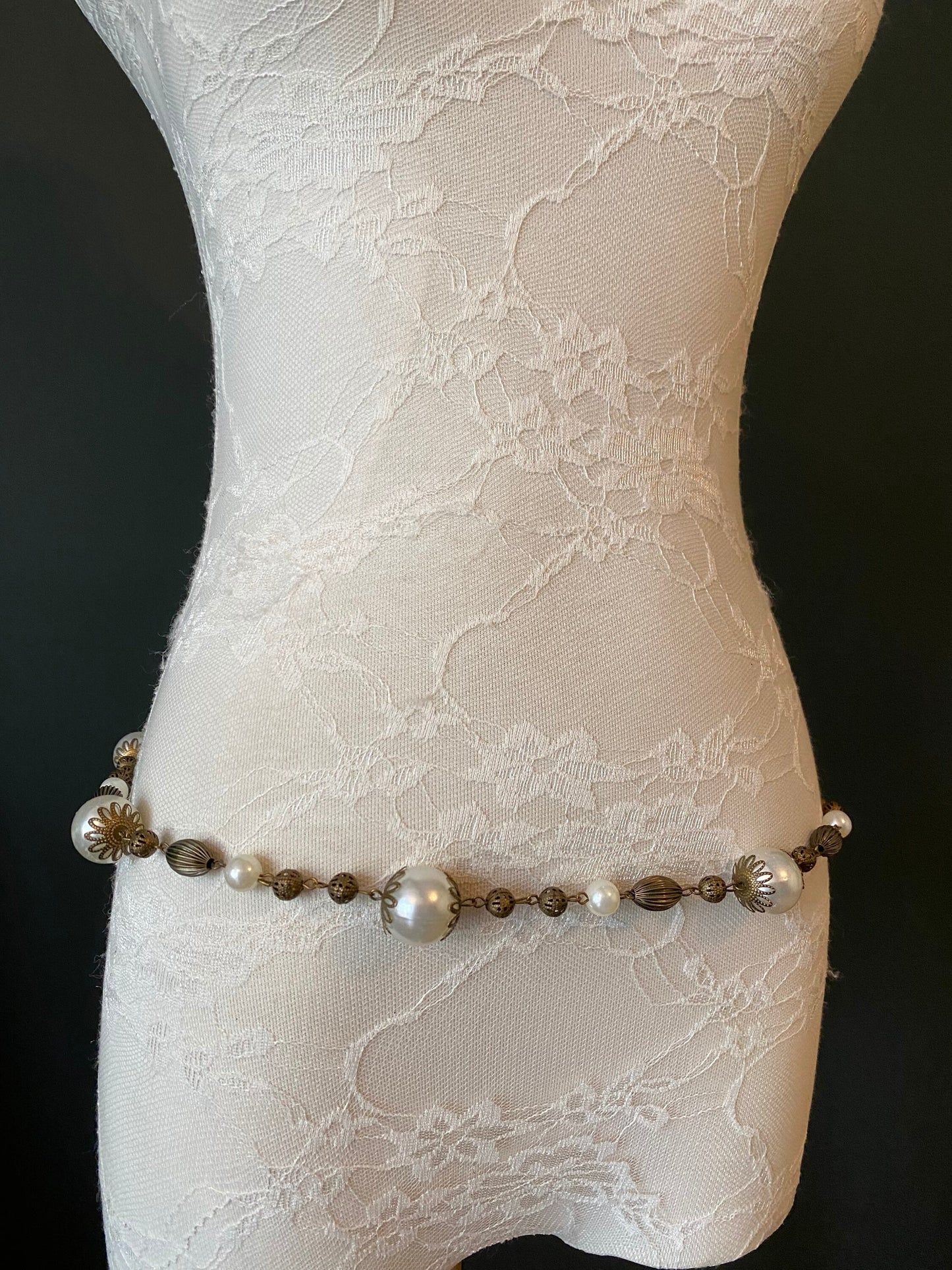 X-long Belt, Pearl Vintage Style Belt, Chic Antique Brass Belt, Teen Sizes, Plus Sizes, 18”-60”, Gift, Prom, Fashion, Handmade, FAN Design