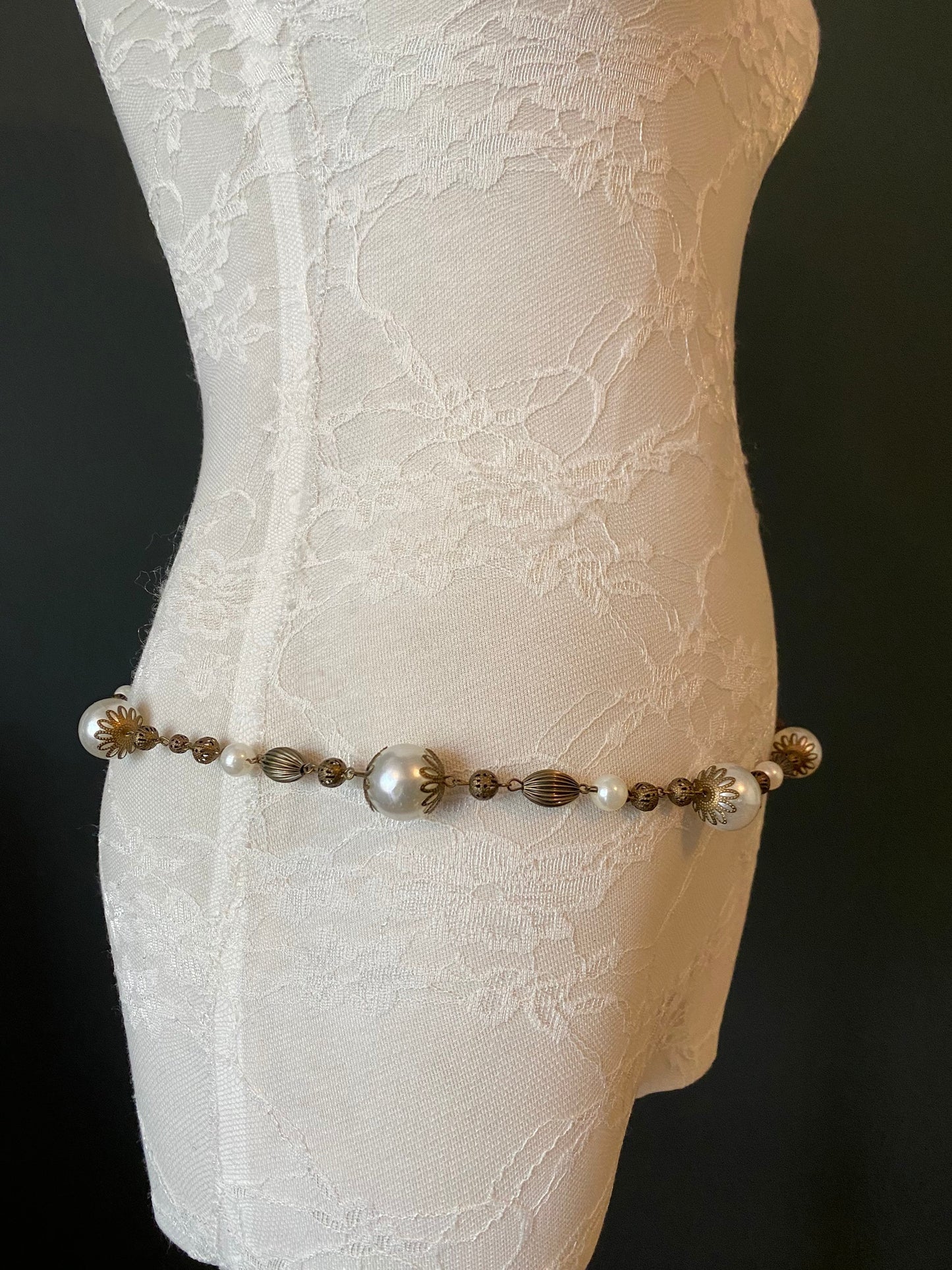 X-long Belt, Pearl Vintage Style Belt, Chic Antique Brass Belt, Teen Sizes, Plus Sizes, 18”-60”, Gift, Prom, Fashion, Handmade, FAN Design