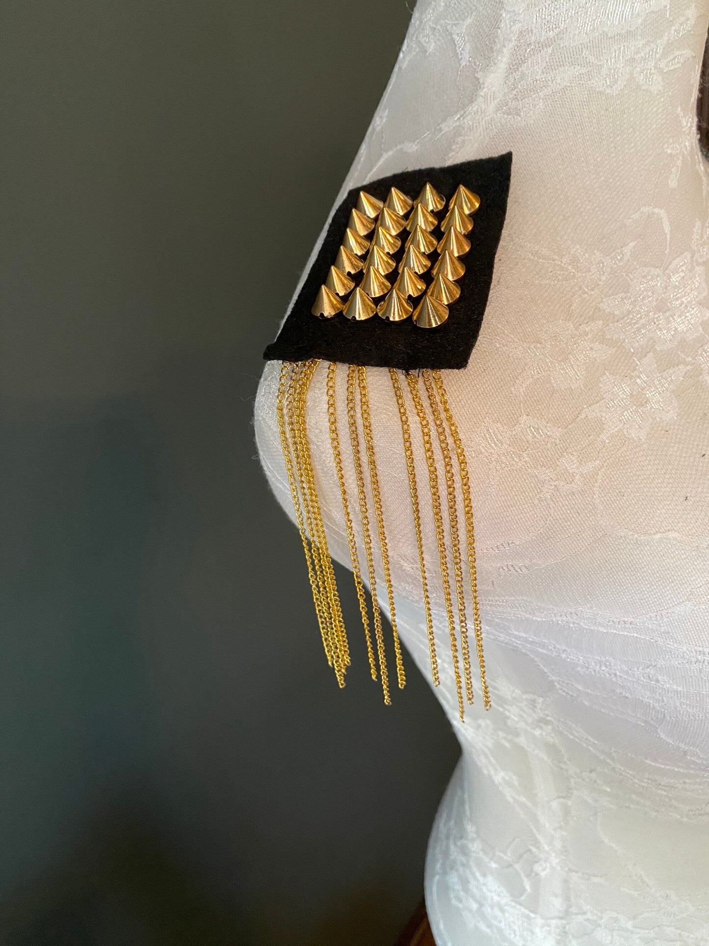 Gold Studded Shoulder Trim with Chain, Sew On Applique