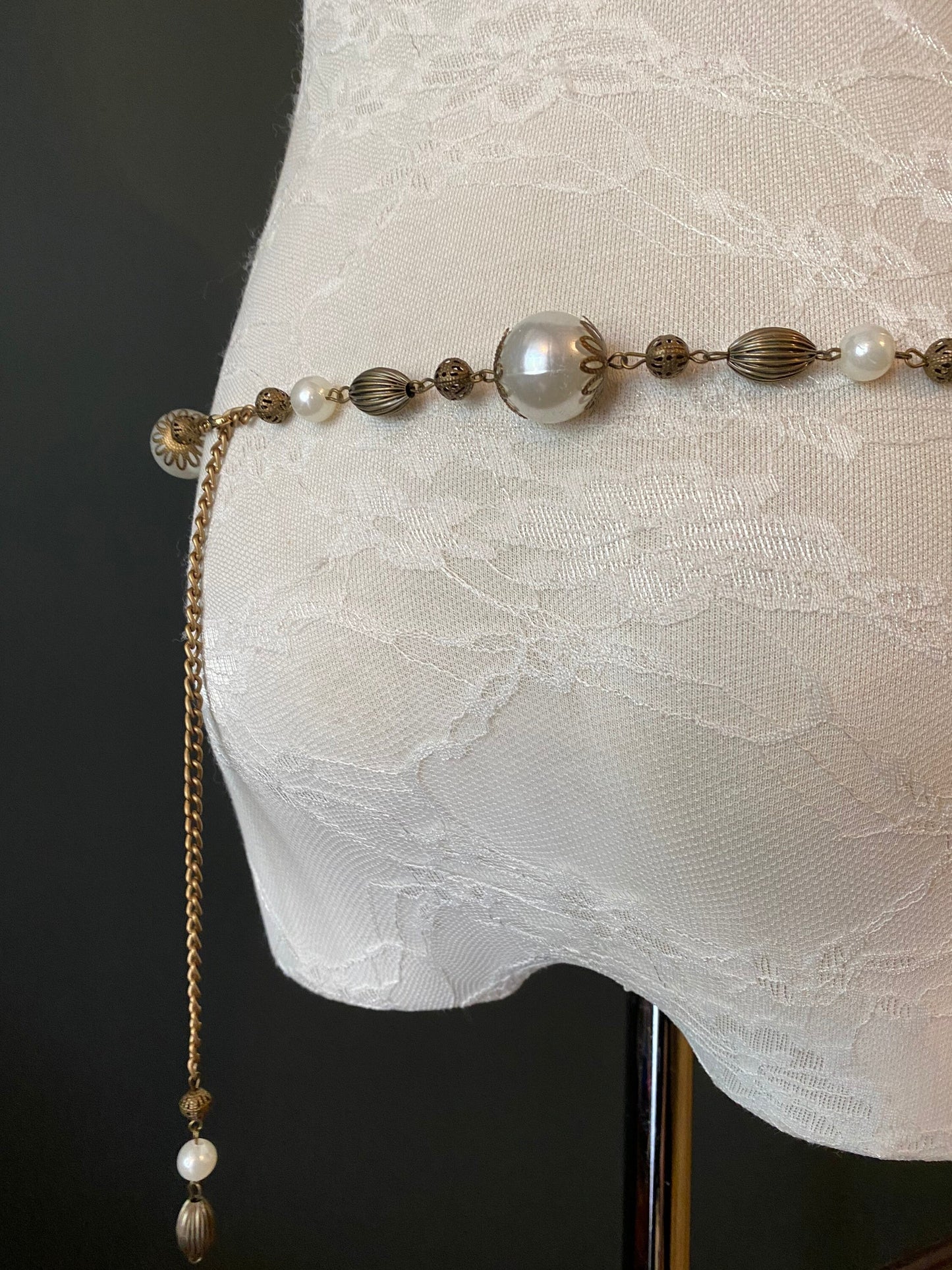 X-long Belt, Pearl Vintage Style Belt, Chic Antique Brass Belt, Teen Sizes, Plus Sizes, 18”-60”, Gift, Prom, Fashion, Handmade, FAN Design