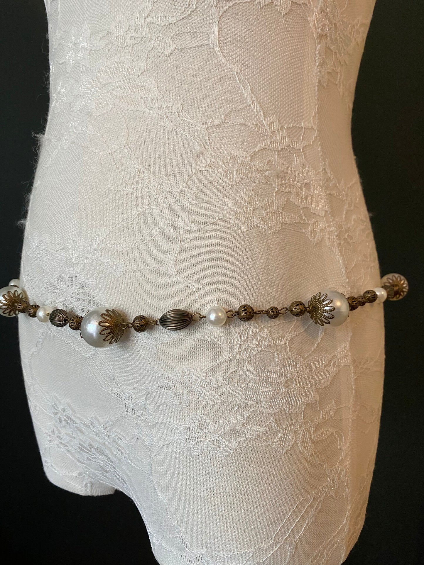 X-long Belt, Pearl Vintage Style Belt, Chic Antique Brass Belt, Teen Sizes, Plus Sizes, 18”-60”, Gift, Prom, Fashion, Handmade, FAN Design