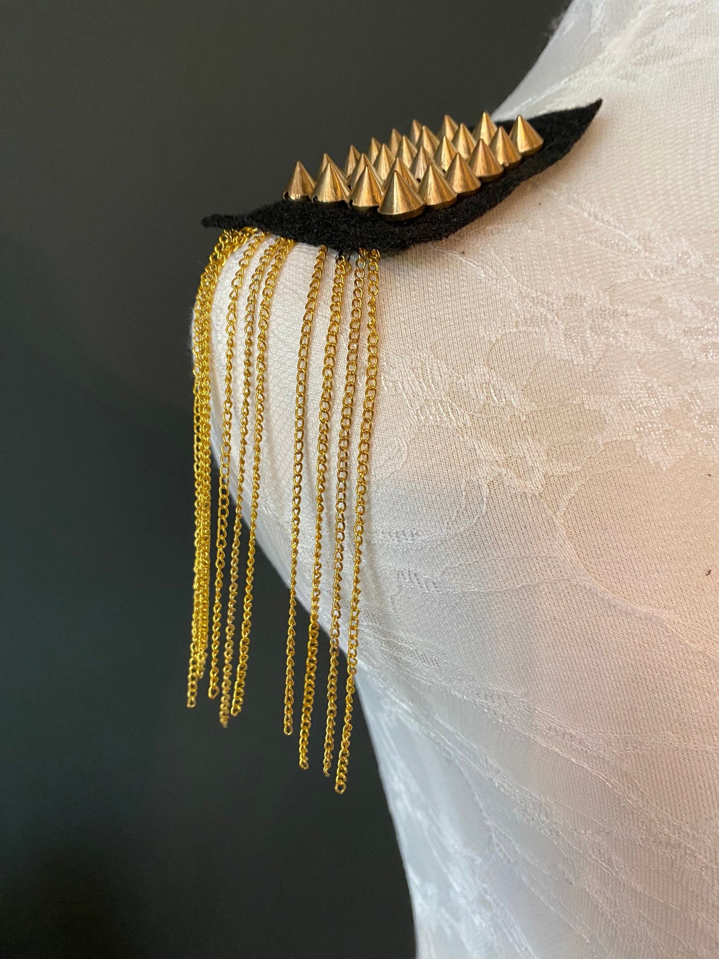 Gold Studded Shoulder Trim with Chain, Sew On Applique