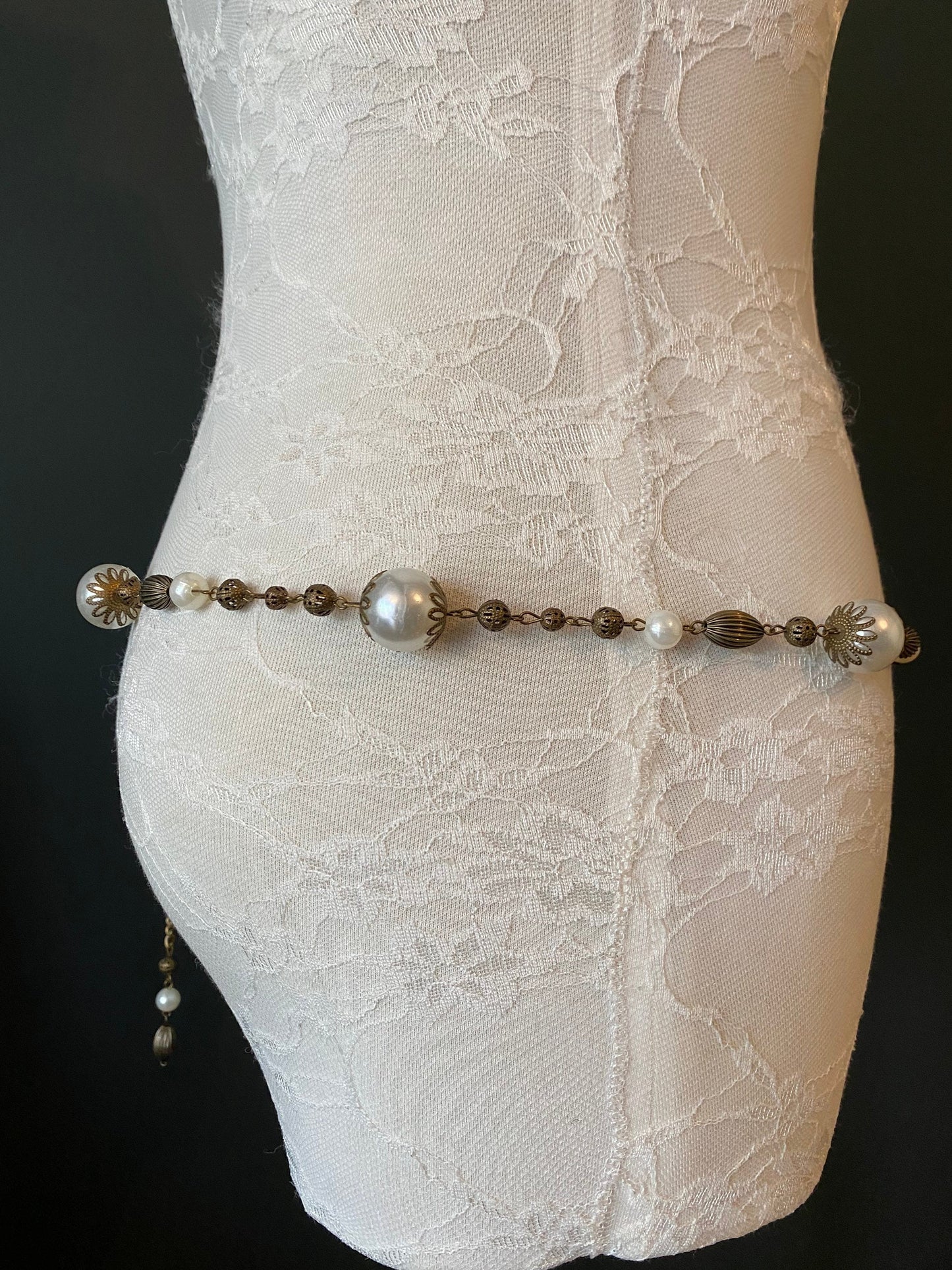 X-long Belt, Pearl Vintage Style Belt, Chic Antique Brass Belt, Teen Sizes, Plus Sizes, 18”-60”, Gift, Prom, Fashion, Handmade, FAN Design