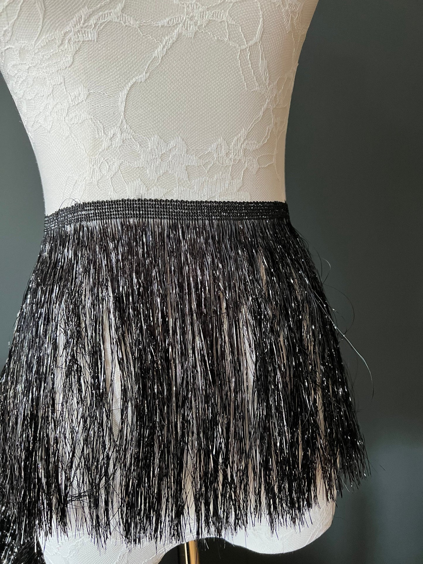 Black Tinsel Fringe Trim, Shiny Foil Effect, 8" Wide, Costume Trimming