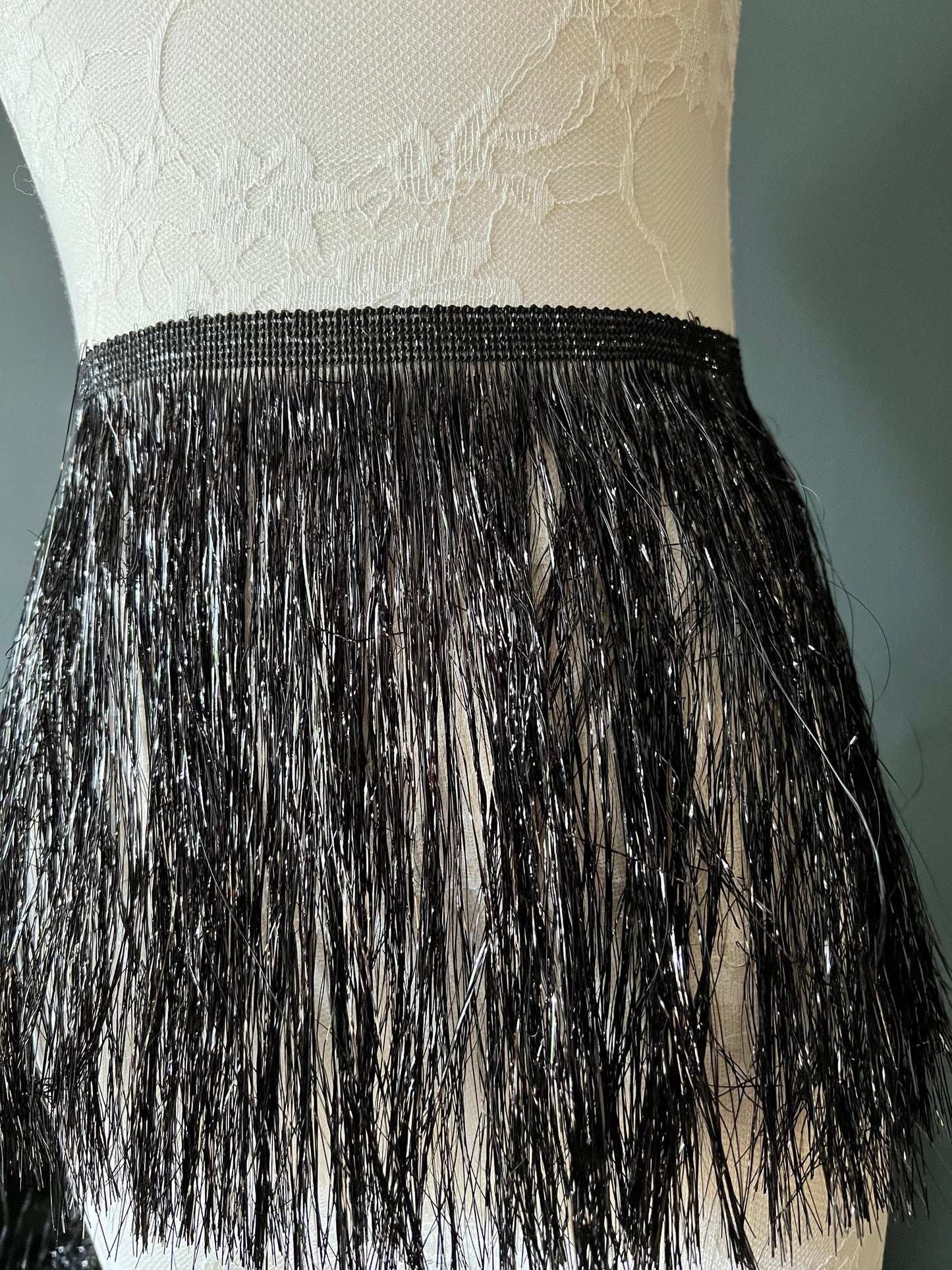 Black Tinsel Fringe Trim, Shiny Foil Effect, 8" Wide, Costume Trimming