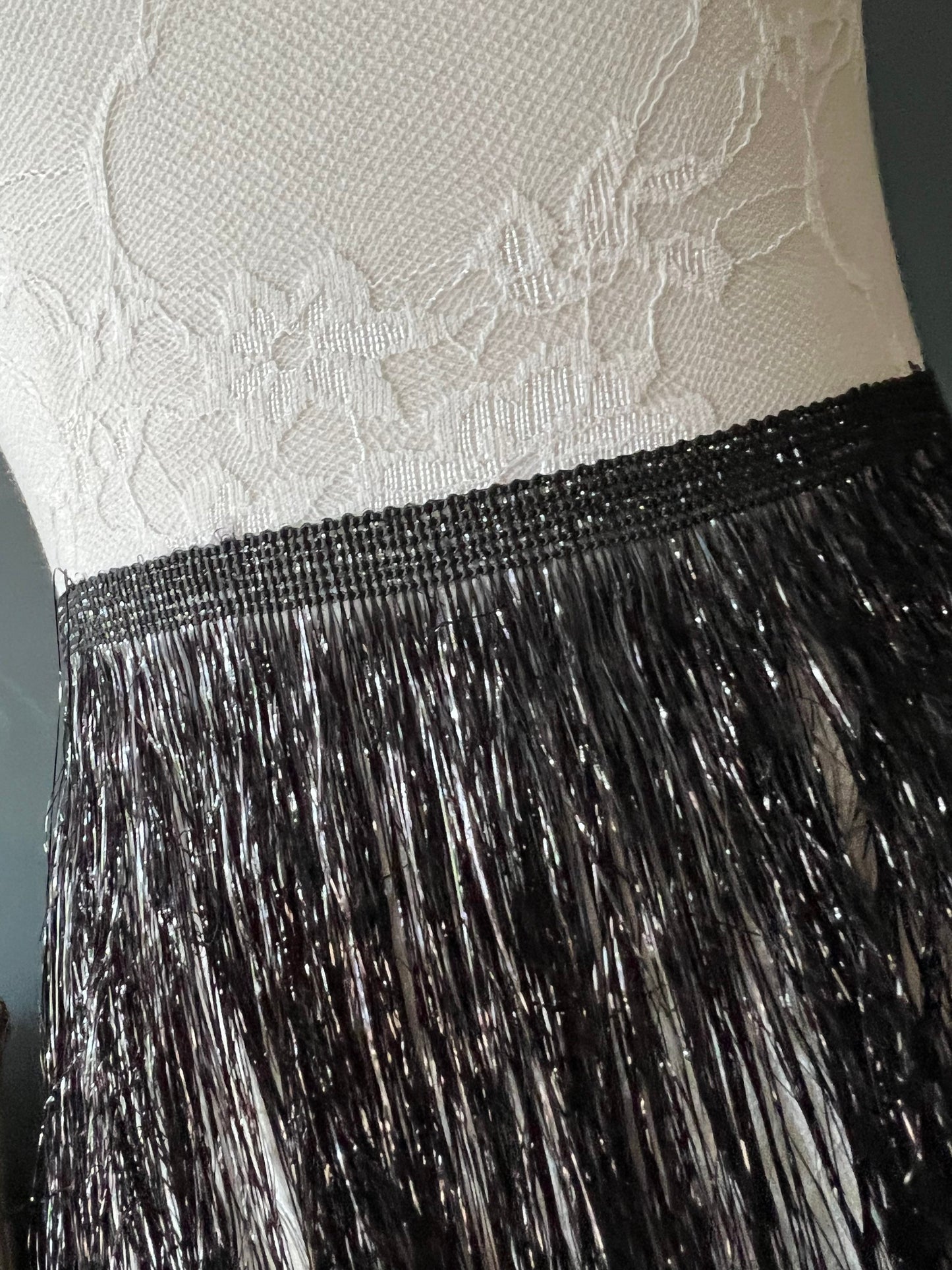 Black Tinsel Fringe Trim, Shiny Foil Effect, 8" Wide, Costume Trimming