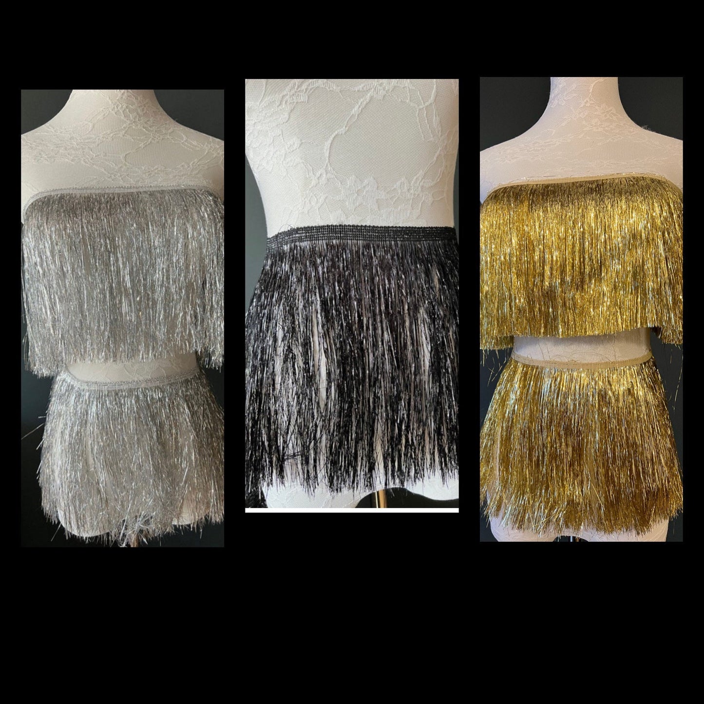 Black Tinsel Fringe Trim, Shiny Foil Effect, 8" Wide, Costume Trimming