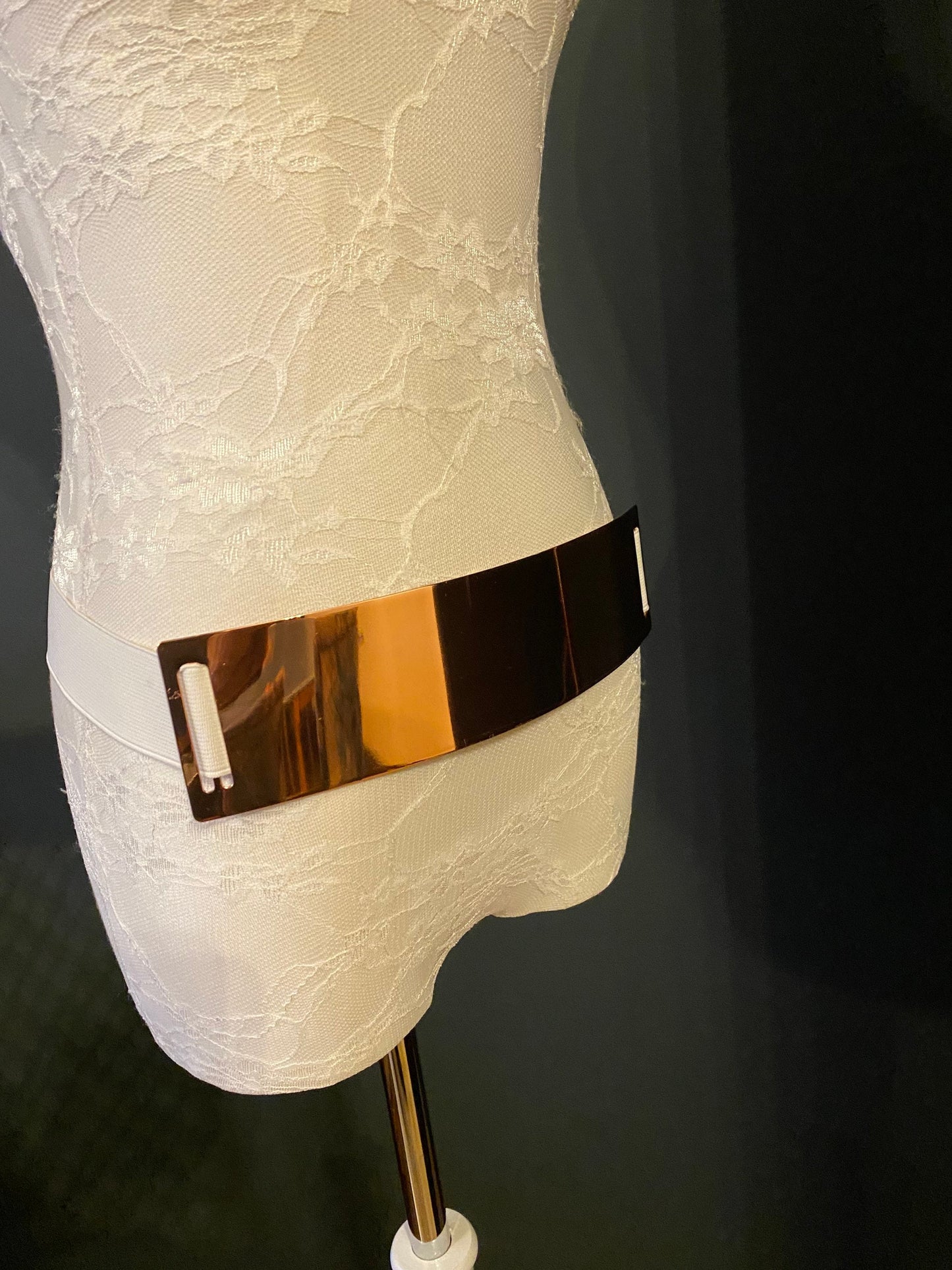 White Elastic Belt, Rose Gold Buckle