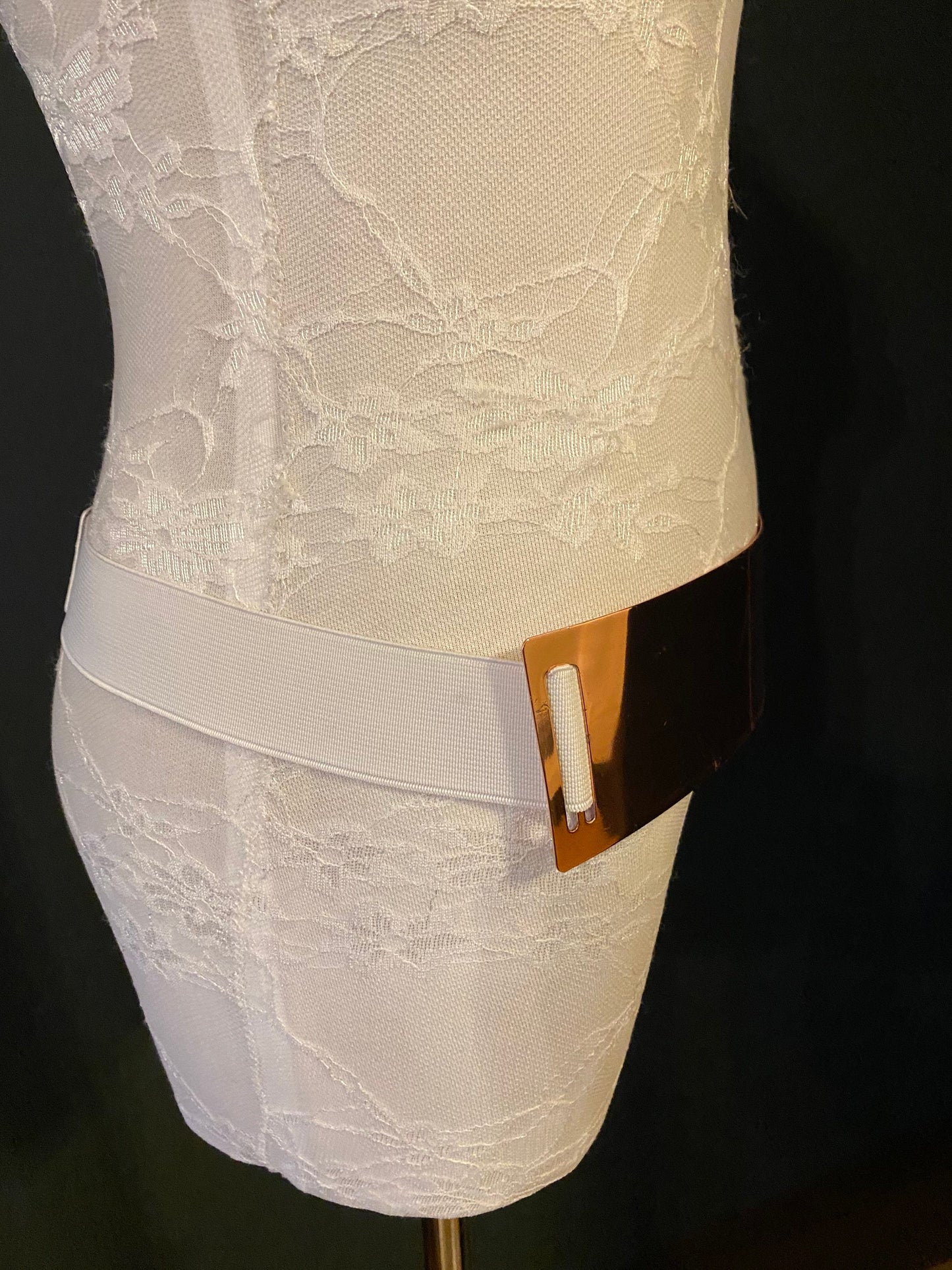 White Elastic Belt, Rose Gold Buckle